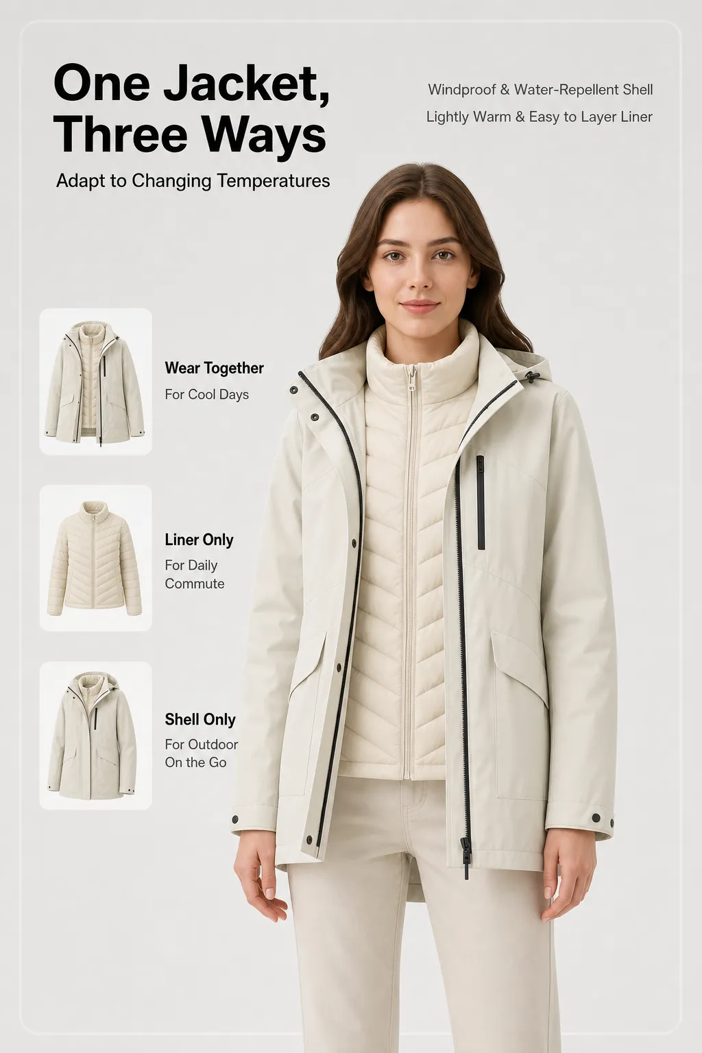 Woman modeling a versatile 3-in-1 outdoor jacket system｜AI Image Generation Prompts