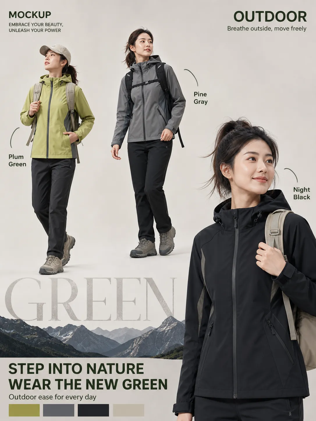 Women's Outdoor Hiking Jacket Mockup Design｜AI Image Generation Prompts