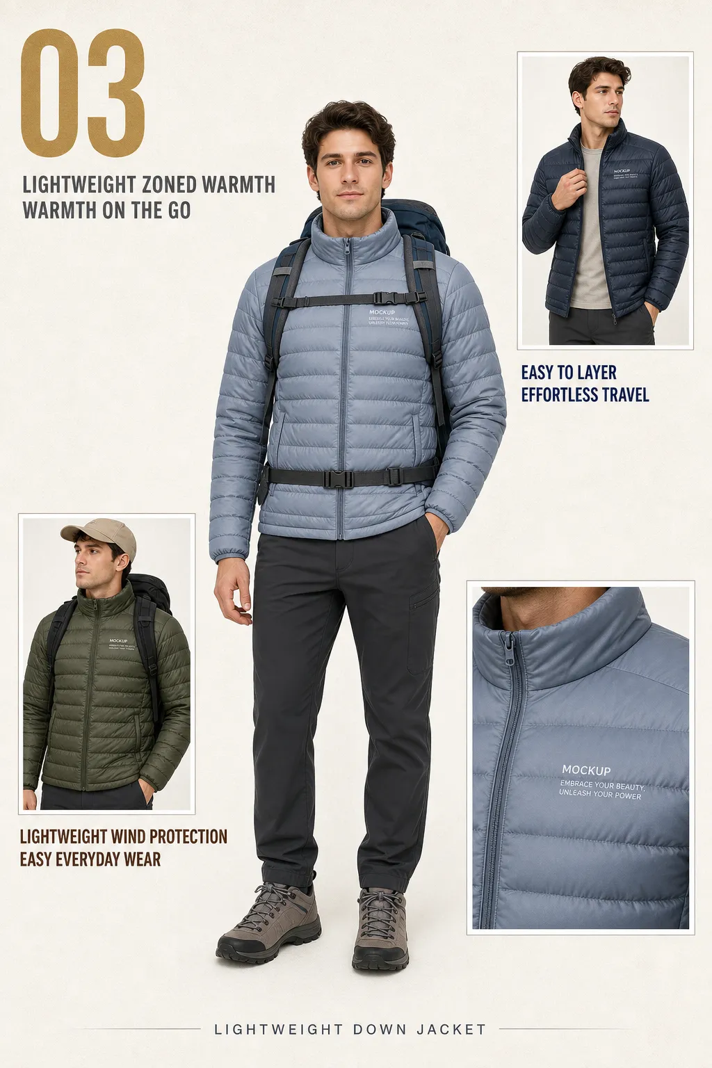 Man wearing light blue lightweight down jacket mockup｜AI Image Generation Prompts