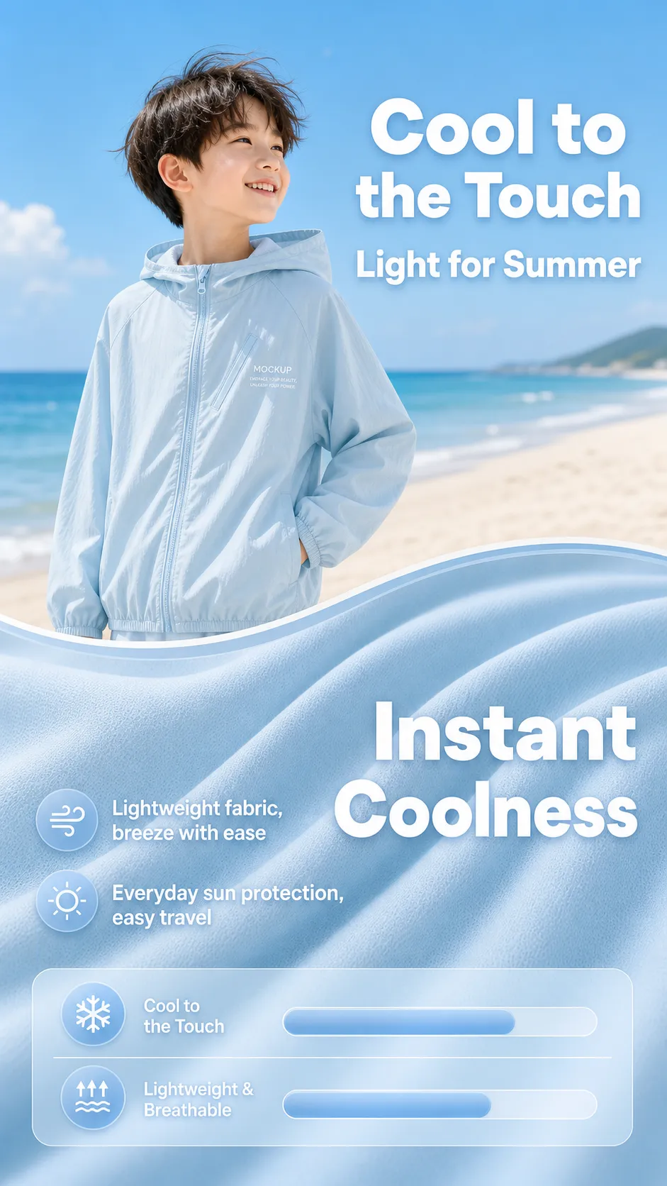 Boy wearing light blue summer jacket on beach｜AI Image Generation Prompts