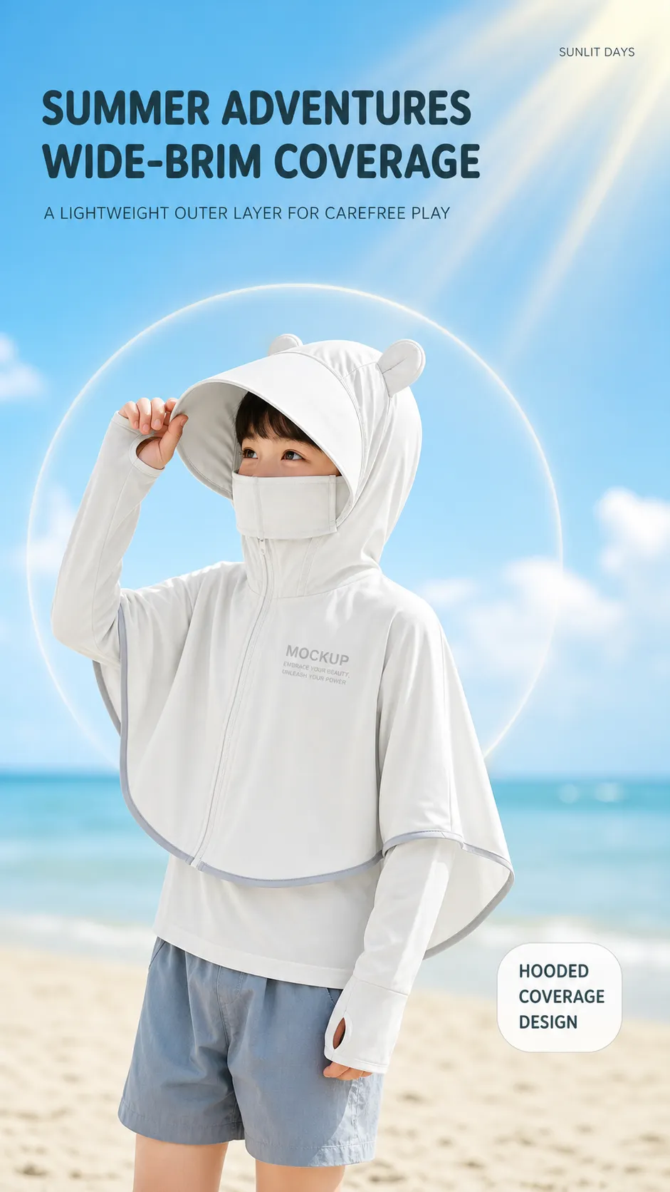 Child wearing white sun protection jacket on beach｜AI Image Generation Prompts