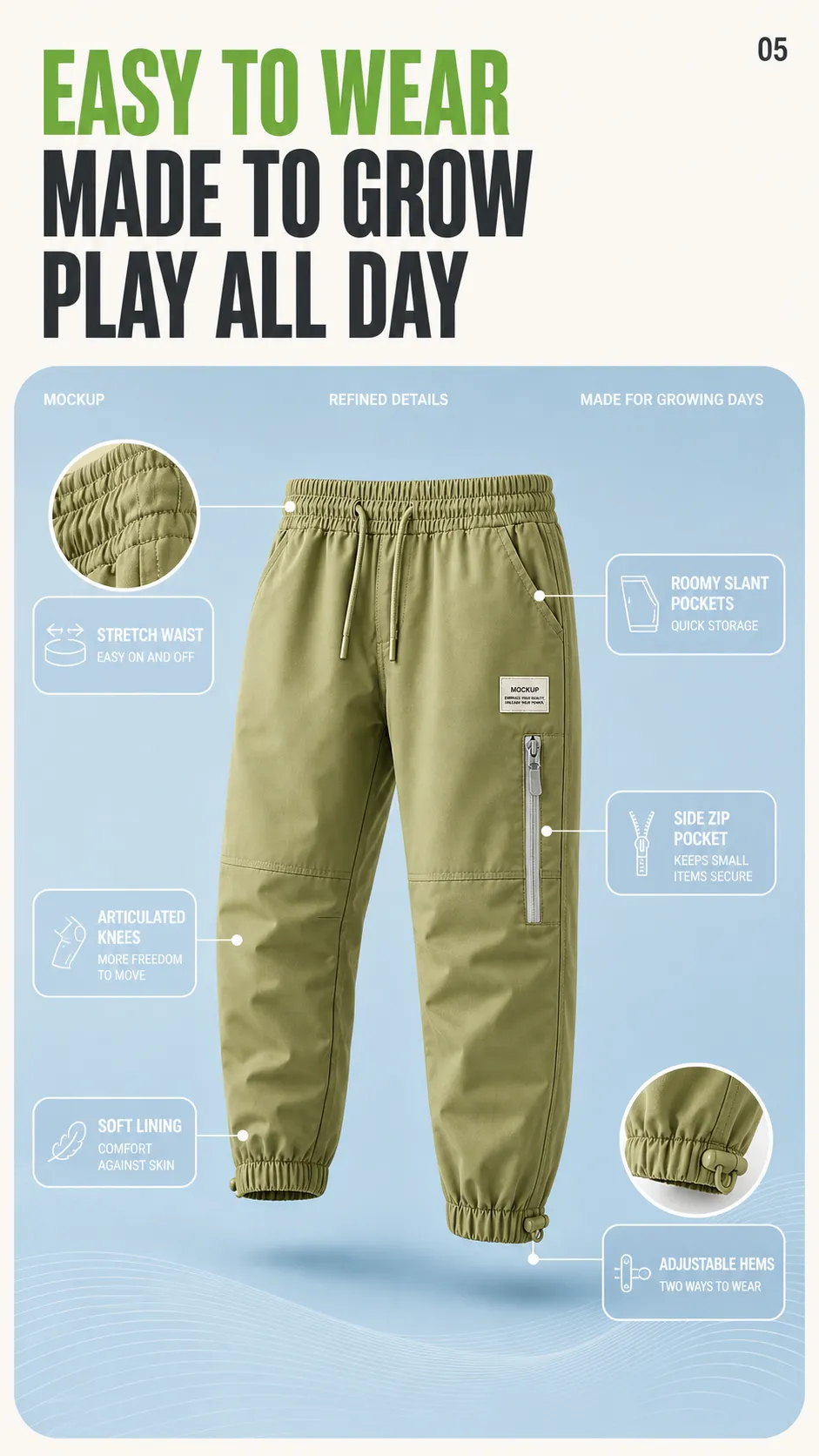 Green Casual Cargo Pants for Kids with Elastic Waist｜AI Image Generation Prompts