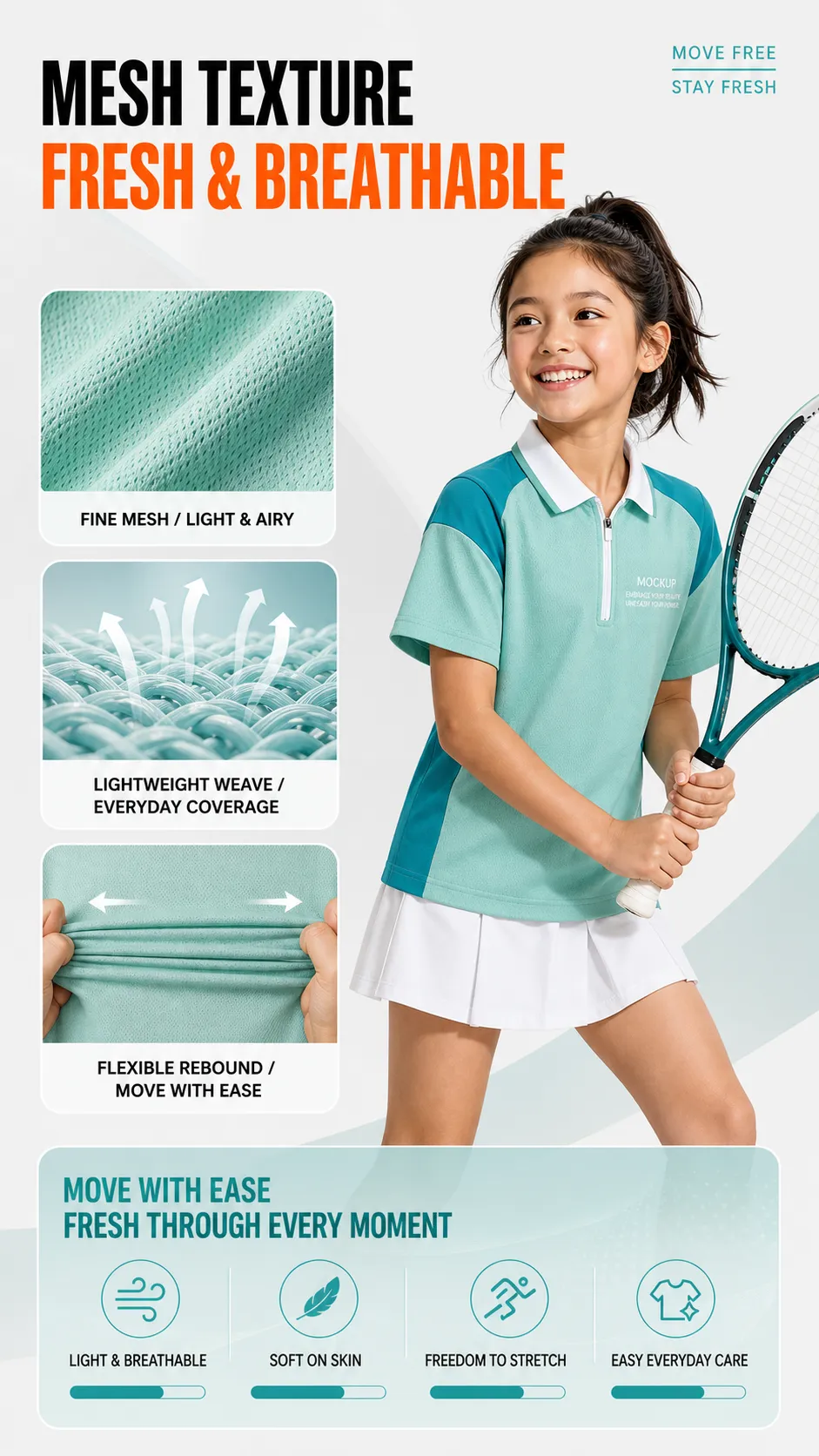 Girl wearing mesh sports polo shirt holding tennis racket｜AI Image Generation Prompts