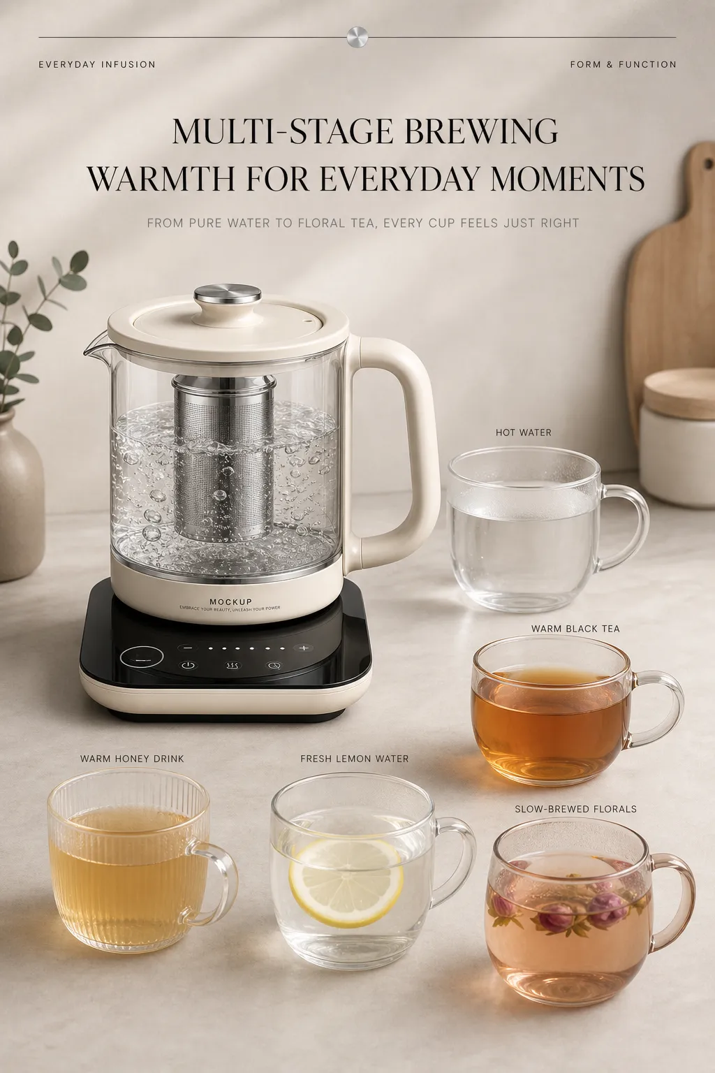 Glass Health Pot Electric Kettle with Tea Cups｜AI Image Generation Prompts