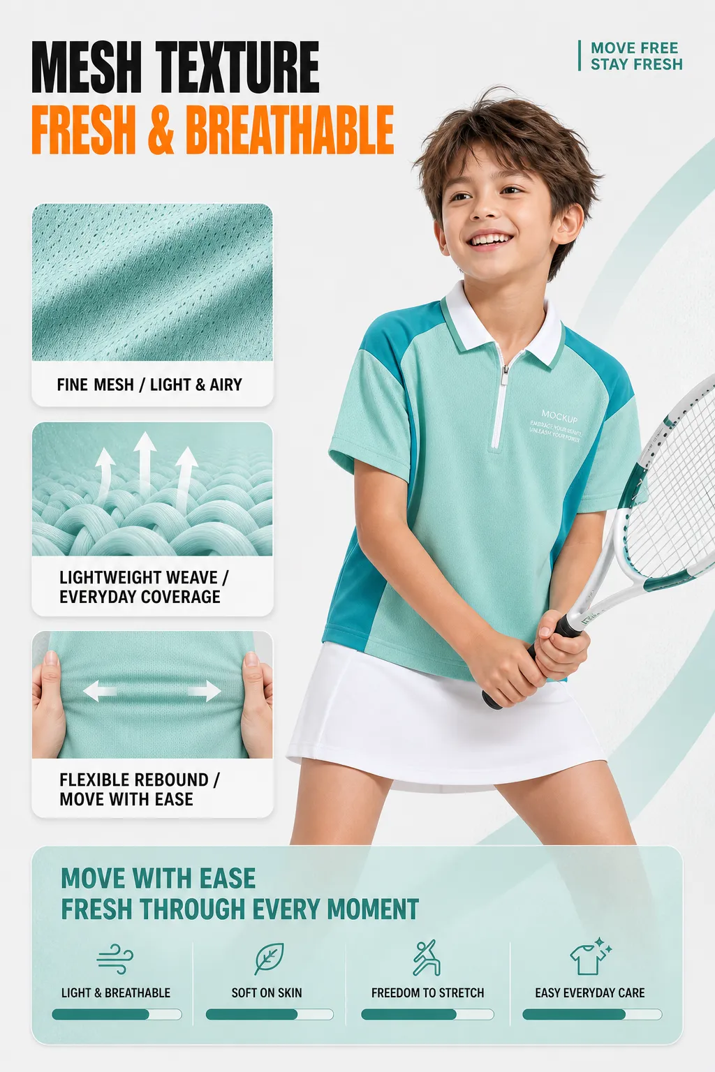 Girl in Breathable Tennis Polo Shirt with Fabric Details｜AI Image Generation Prompts