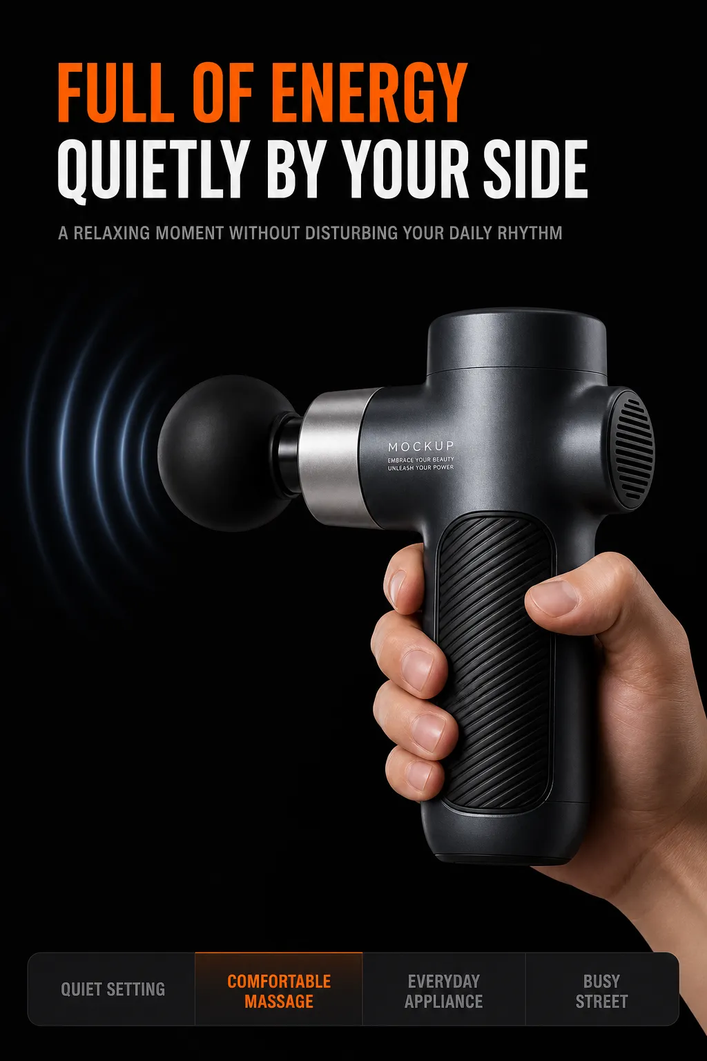Black massage gun mockup held in hand｜AI Image Generation Prompts