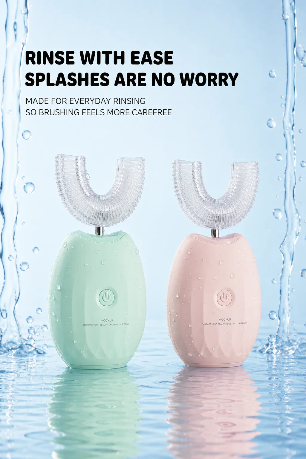Green and pink U-shaped electric toothbrushes in water｜AI Image Generation Prompts