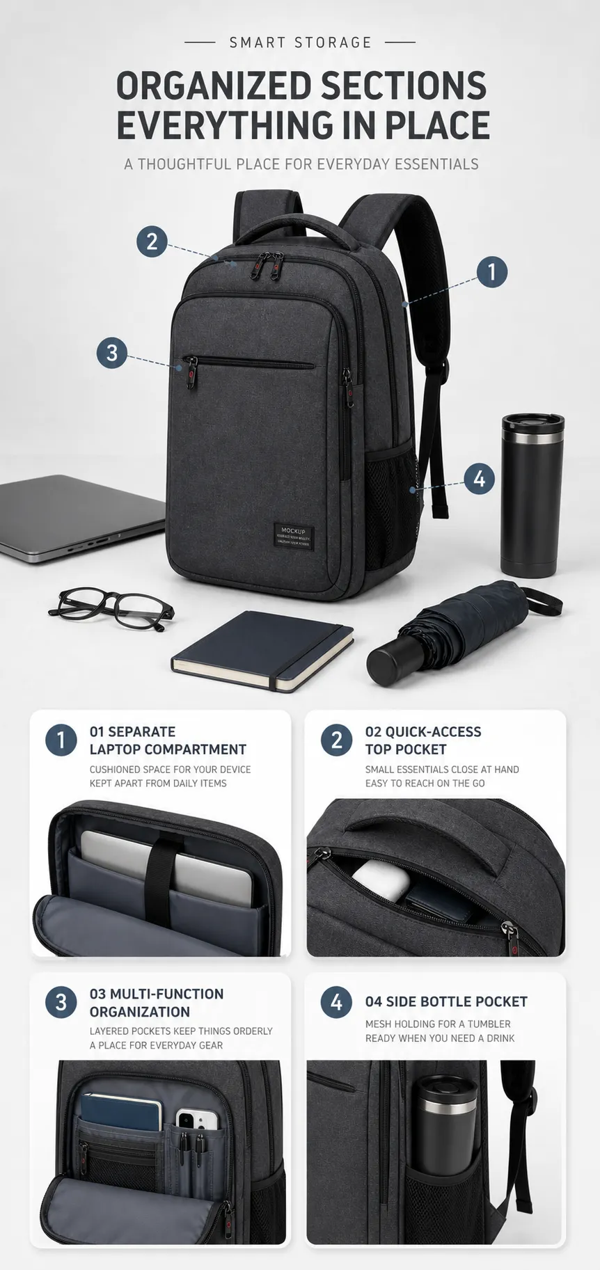 Grey Smart Storage Backpack with Multiple Compartments｜AI Image Generation Prompts