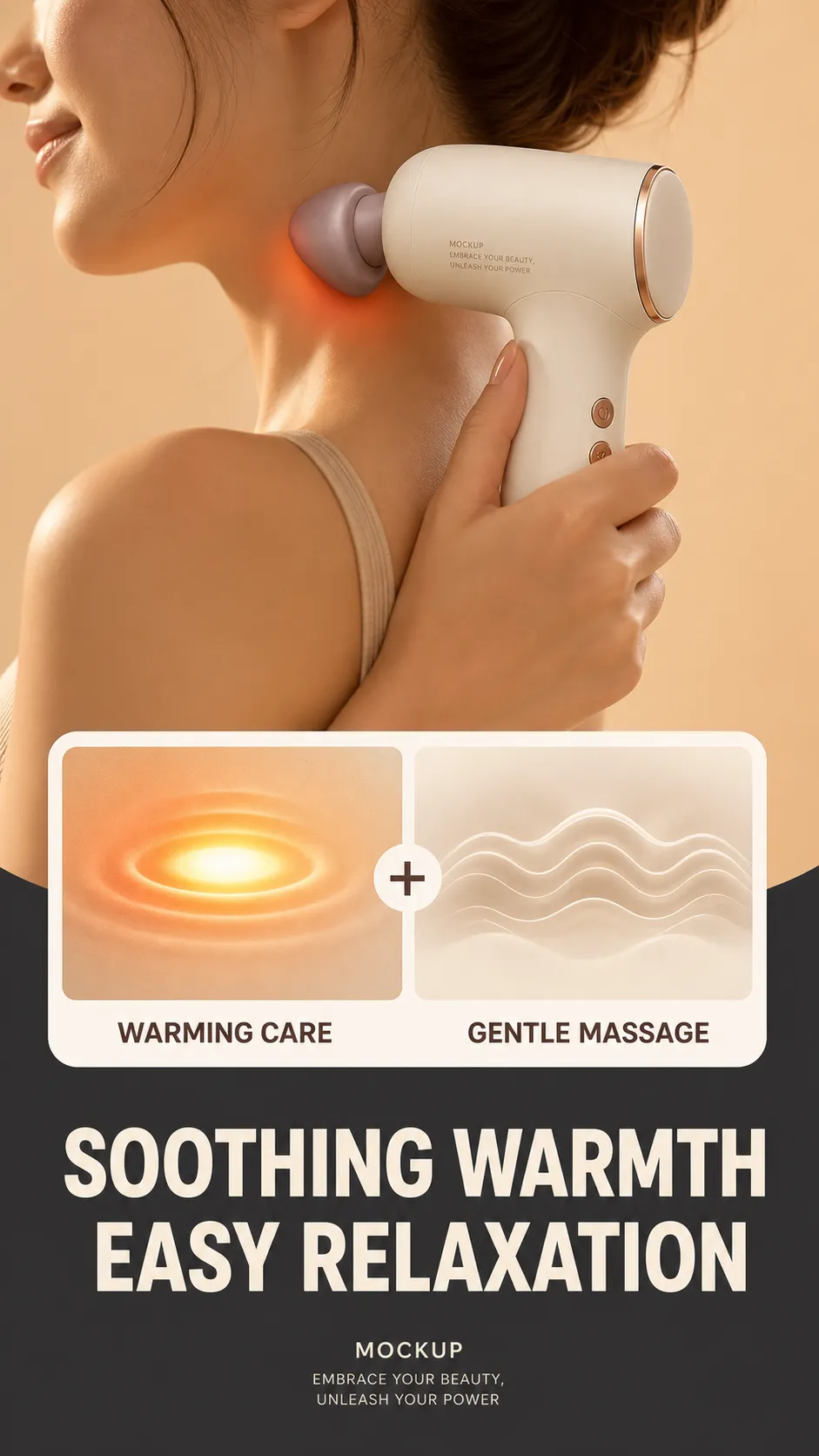 Woman using white handheld neck massager｜AI Image Generation Prompts