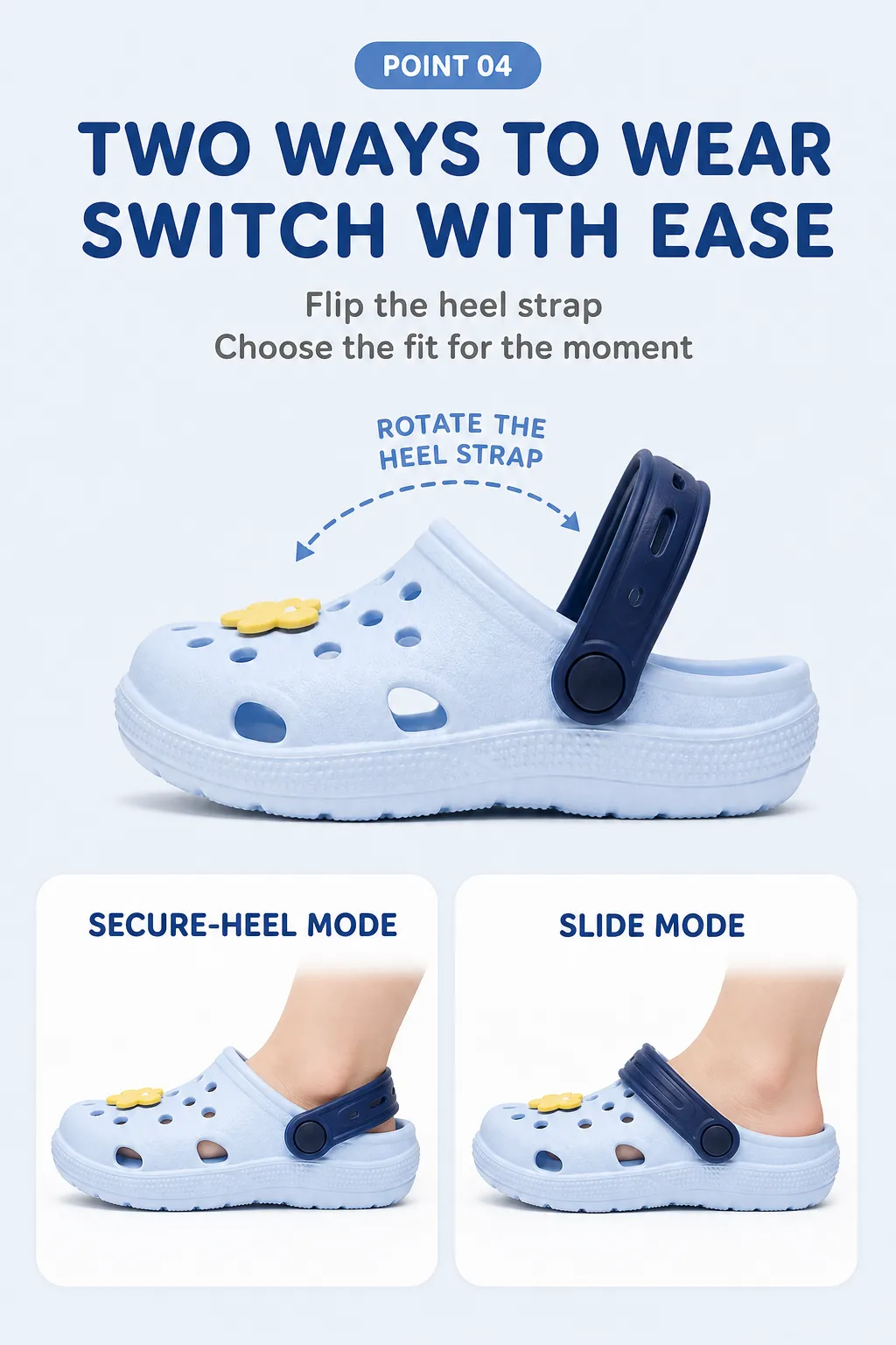 Blue Kids Clog Shoes With Reversible Heel Strap Design｜AI Image Generation Prompts