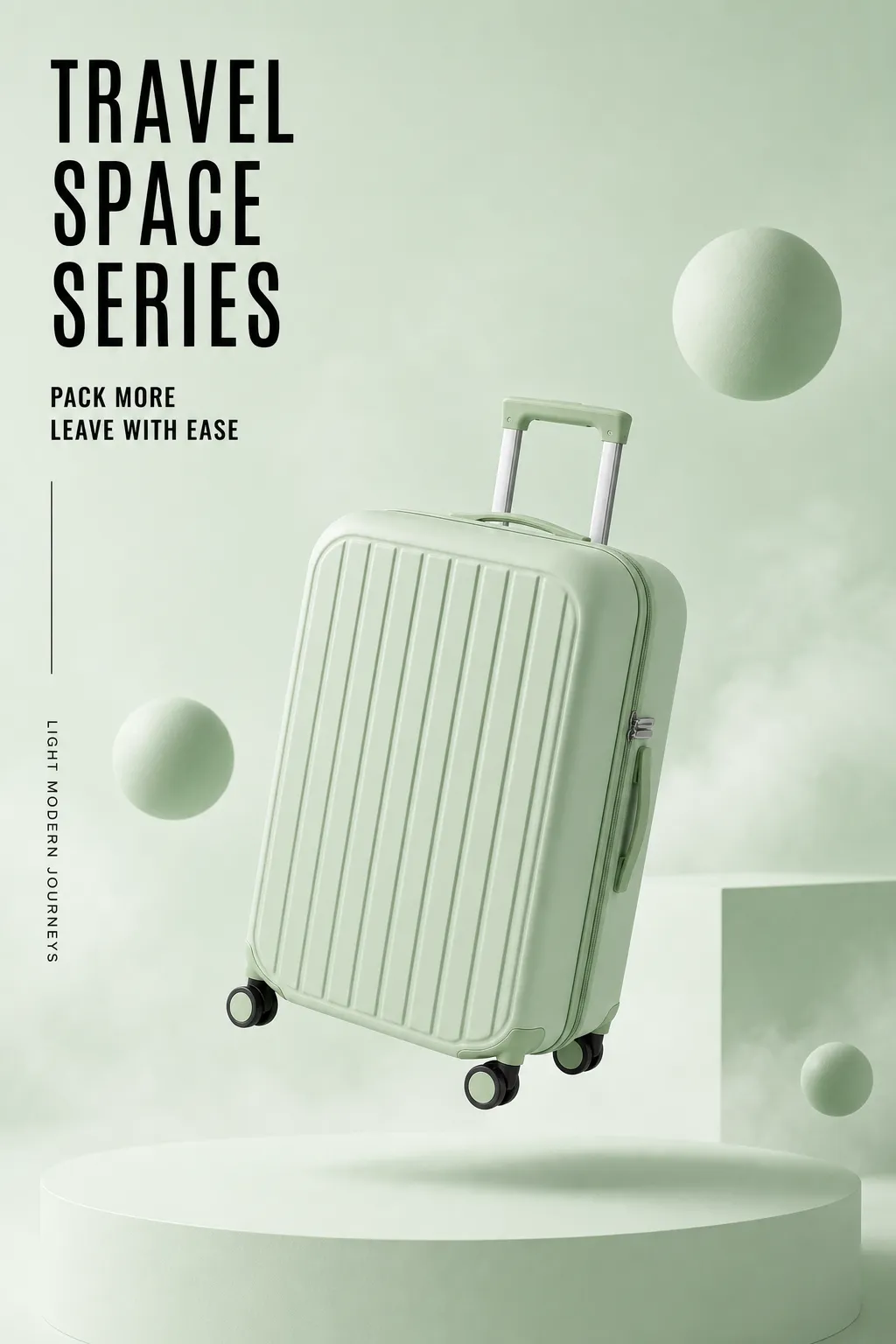 Light Green Travel Suitcase Floating on Platform｜AI Image Generation Prompts