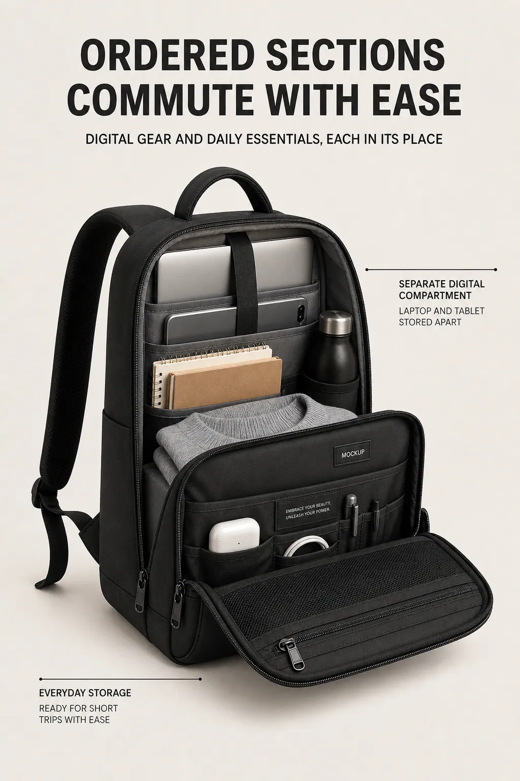 Black Multi-Compartment Commuter Backpack｜AI Image Generation Prompts