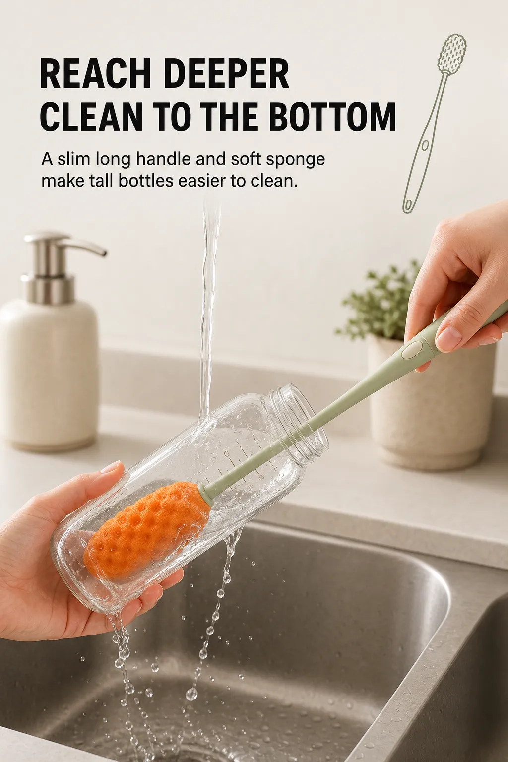 Long handled sponge brush cleaning a glass bottle｜AI Image Generation Prompts
