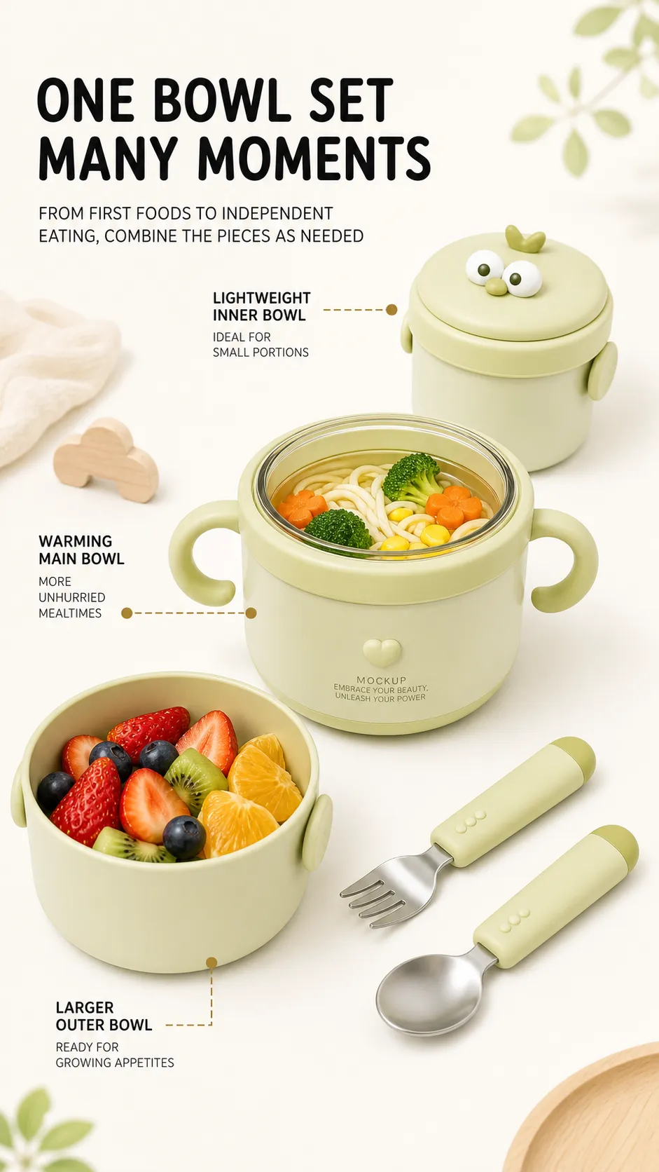 Green Baby Feeding Bowl Set with Spoon and Fork｜AI Image Generation Prompts
