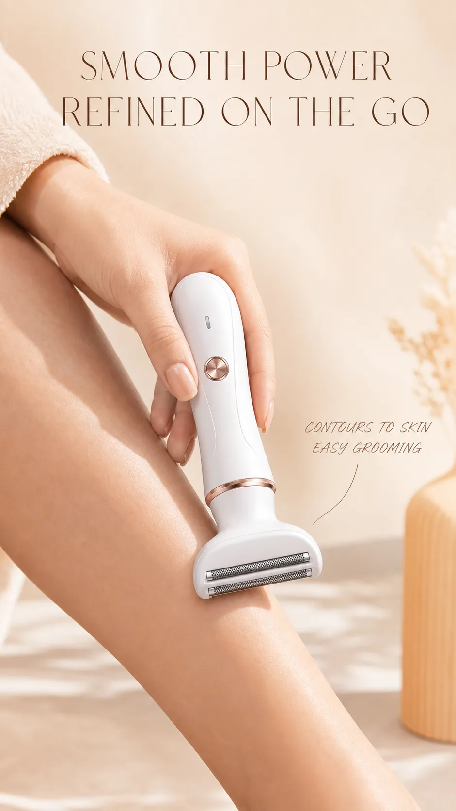 Woman Using White Electric Shaver On Leg｜AI Image Generation Prompts