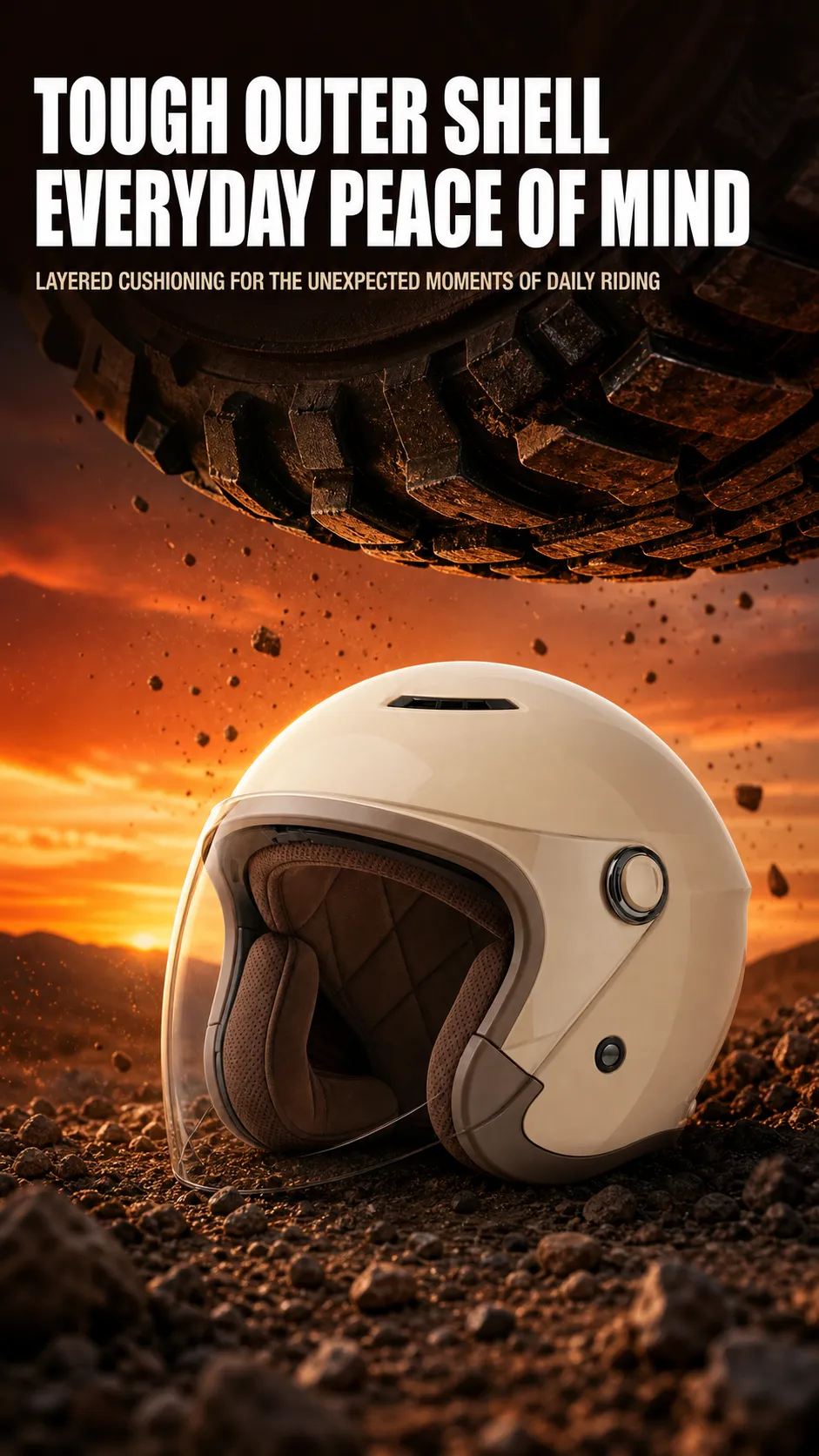 White Open Face Motorcycle Helmet on Rocky Ground｜AI Image Generation Prompts