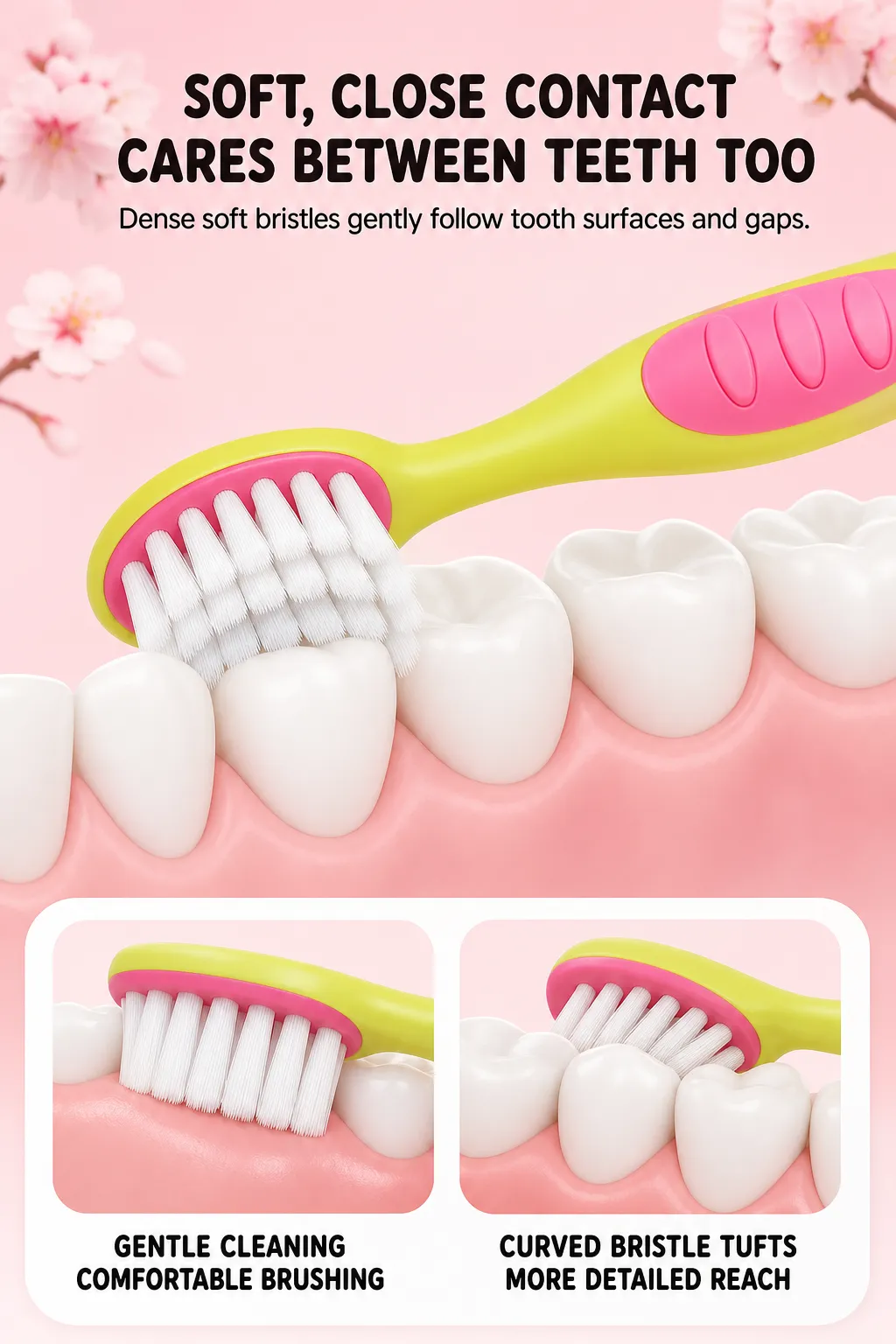Soft toothbrush cleaning teeth model with dense bristles｜AI Image Generation Prompts