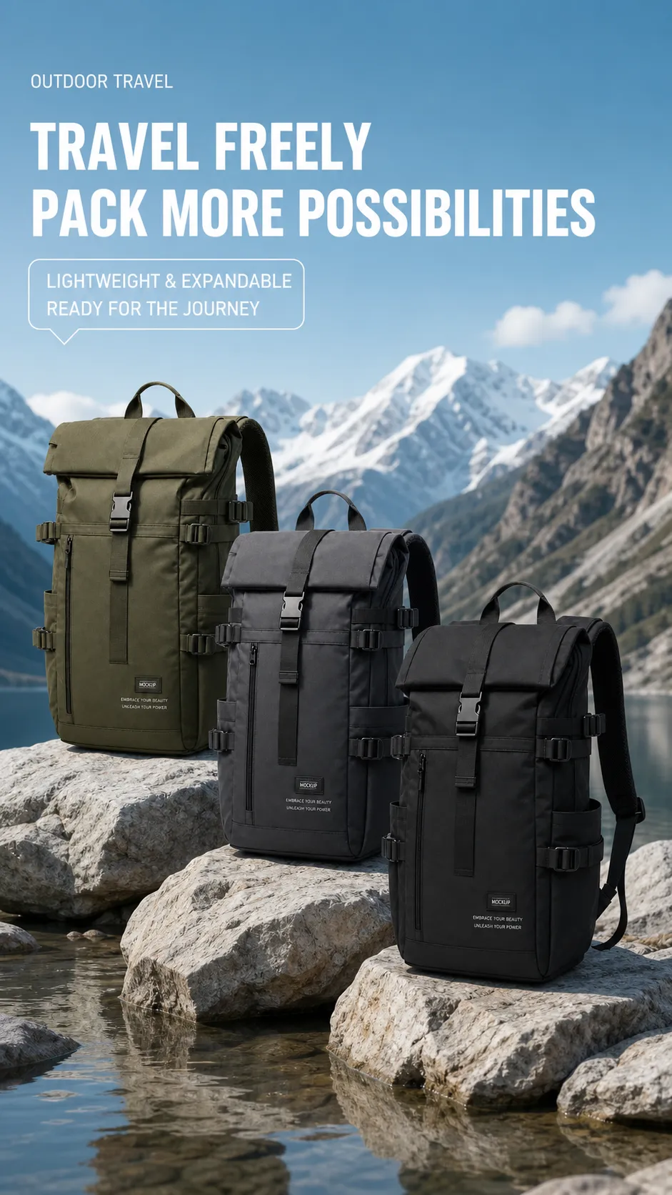 Outdoor Travel Backpacks in Mountain Scenery｜AI Image Generation Prompts