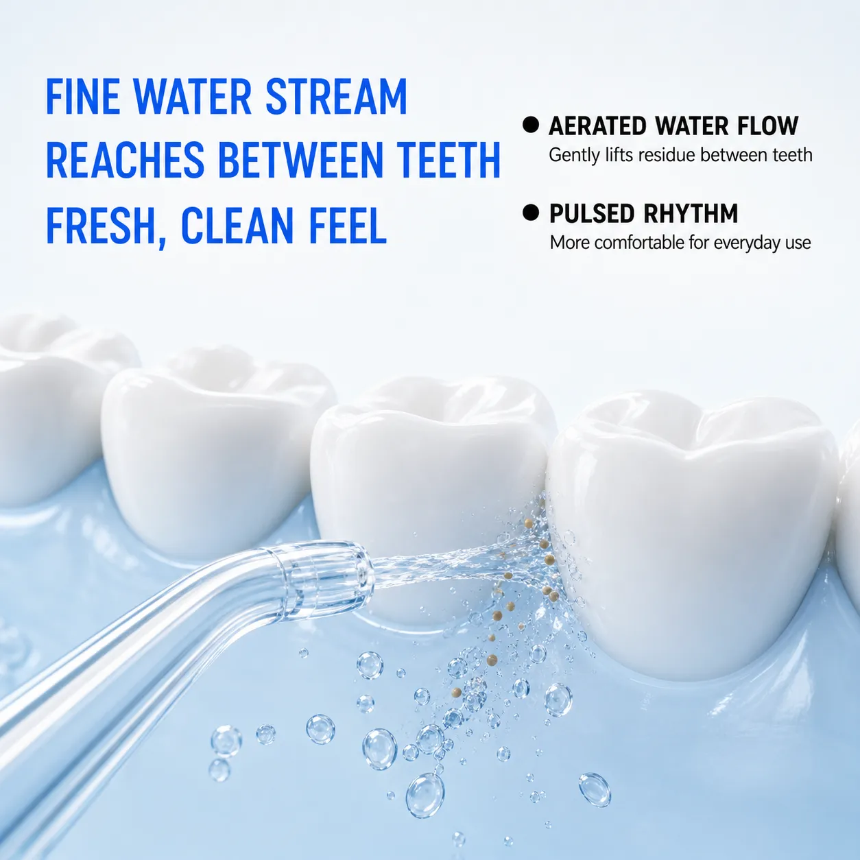 Fine water stream cleaning teeth gaps deeply｜AI Image Generation Prompts