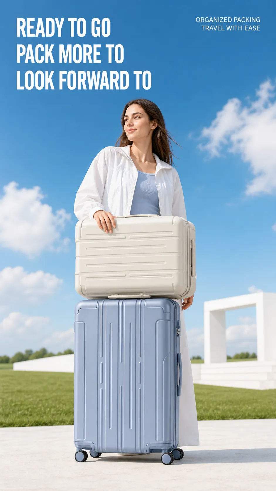 Woman with stacked suitcases outdoors｜AI Image Generation Prompts