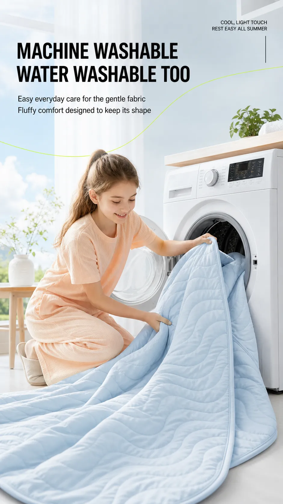 Girl loading light blue quilt into washing machine｜AI Image Generation Prompts
