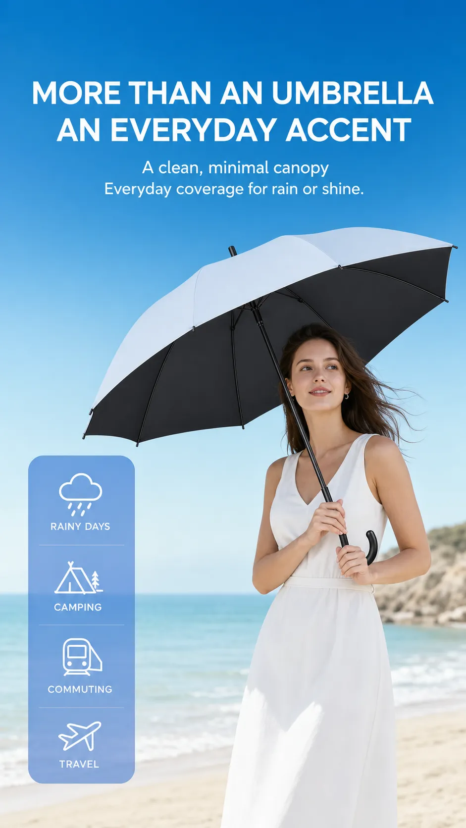 Woman holding a two-tone umbrella on a sunny beach｜AI Image Generation Prompts