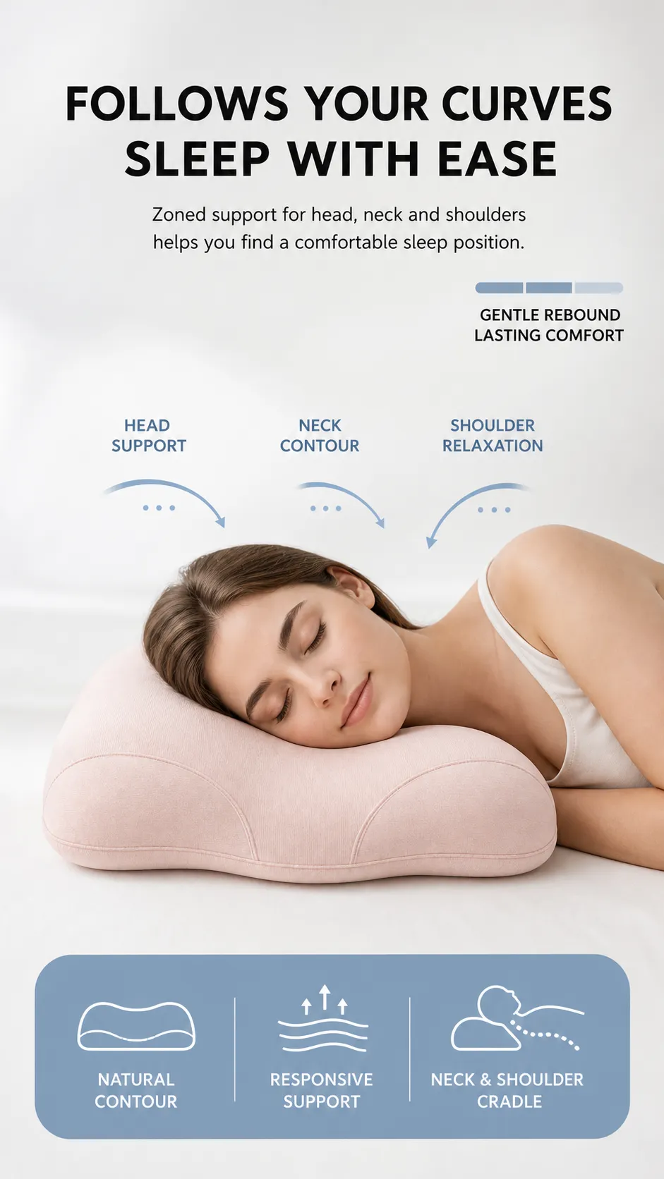 Woman sleeping on a pink ergonomic contour pillow.｜AI Image Generation Prompts