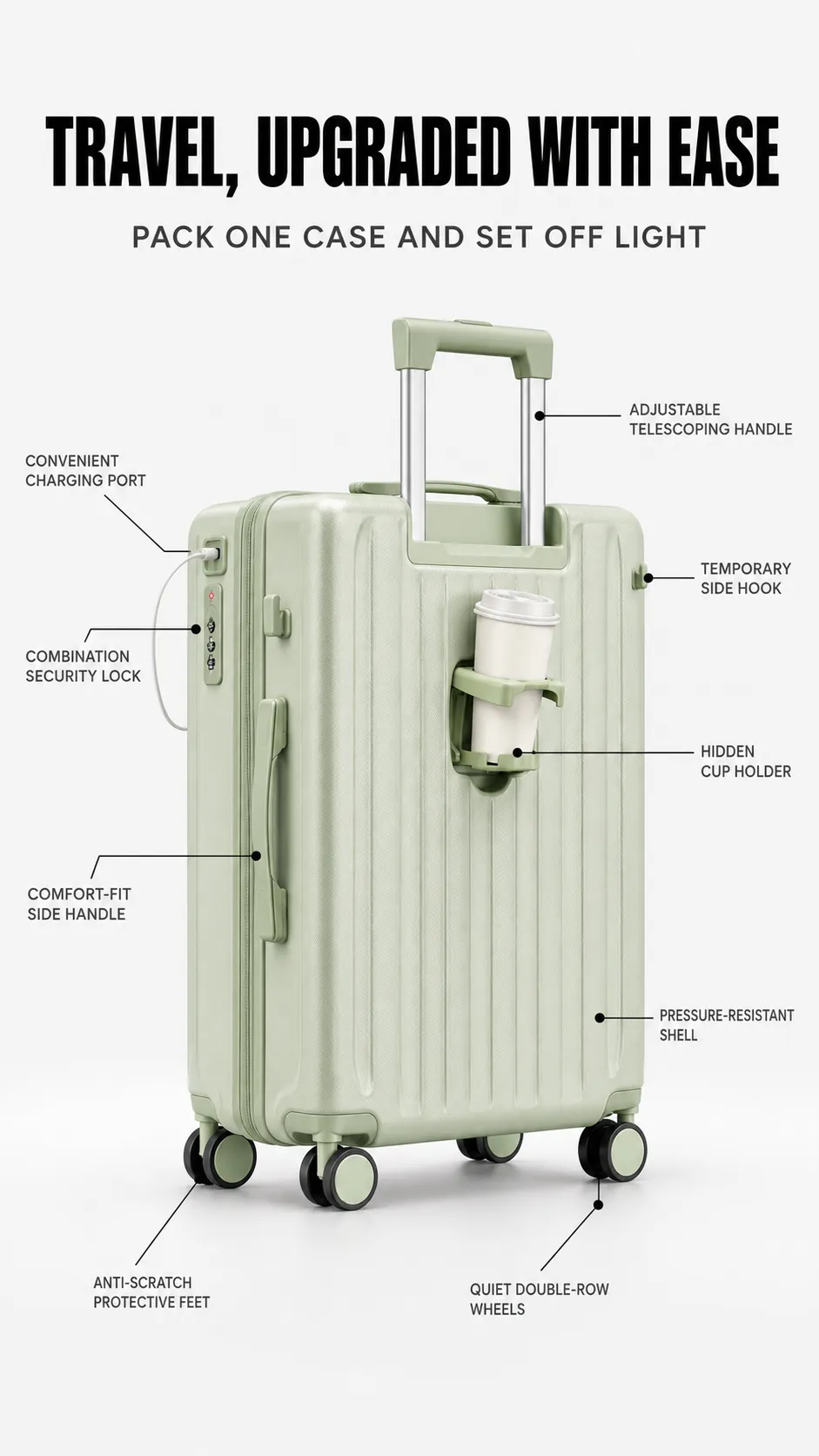 Light Green Suitcase With Cup Holder And Charging Port｜AI Image Generation Prompts