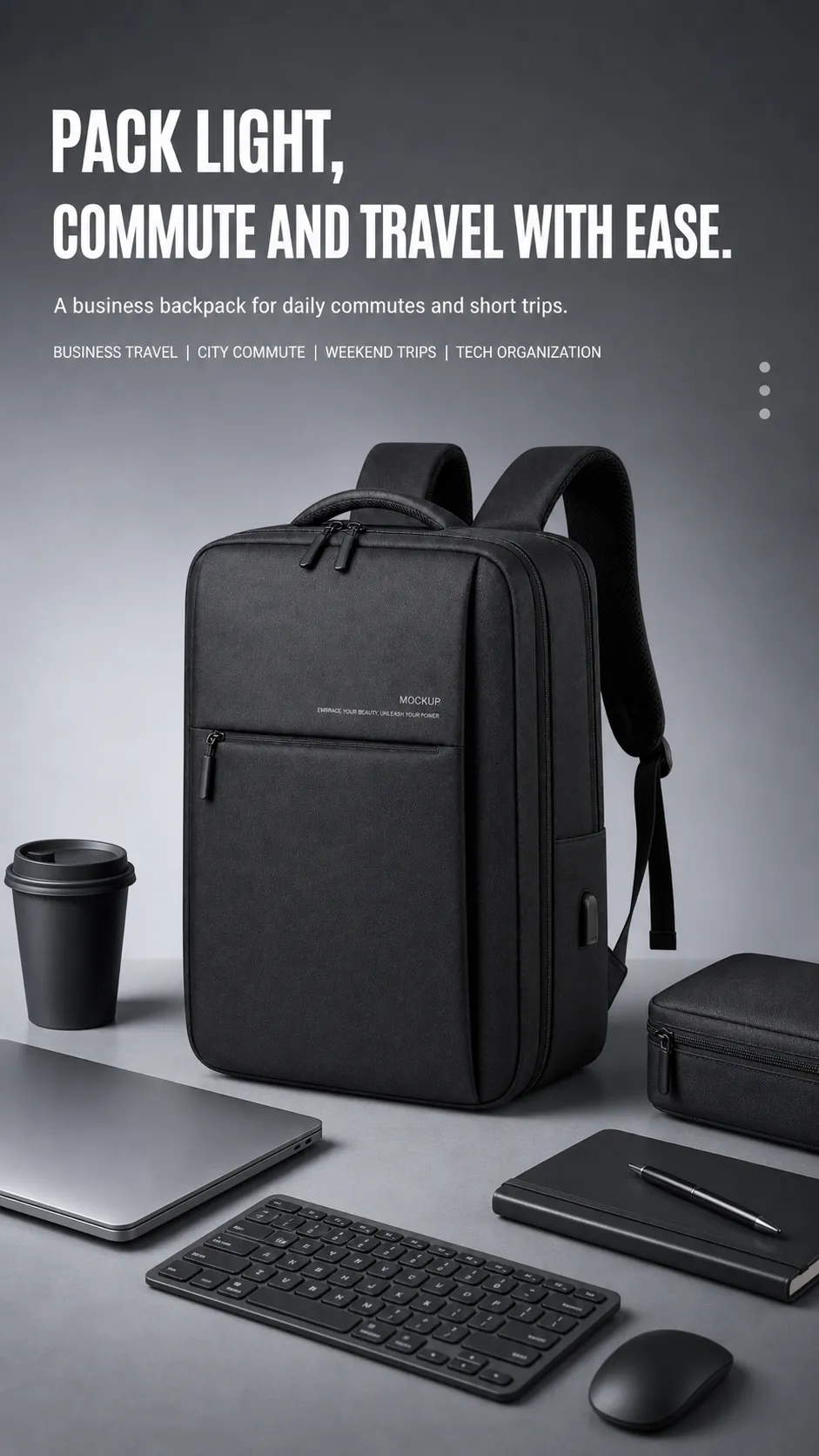 Black business backpack mockup with laptop and accessories｜AI Image Generation Prompts