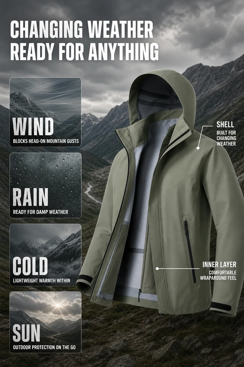Green Outdoor Jacket for All Weather Protection｜AI Image Generation Prompts