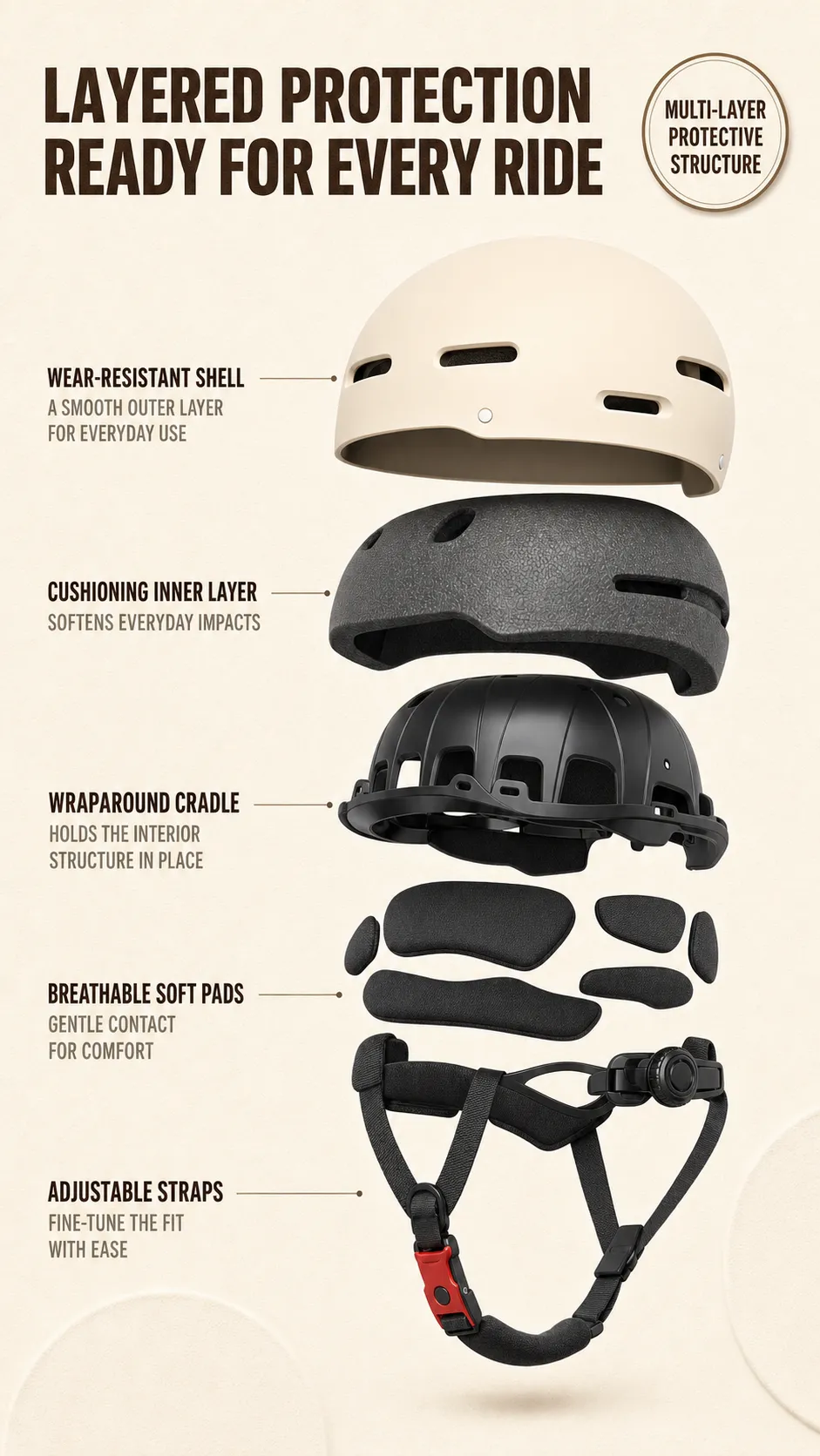 Exploded view of multi-layer safety helmet structure｜AI Image Generation Prompts