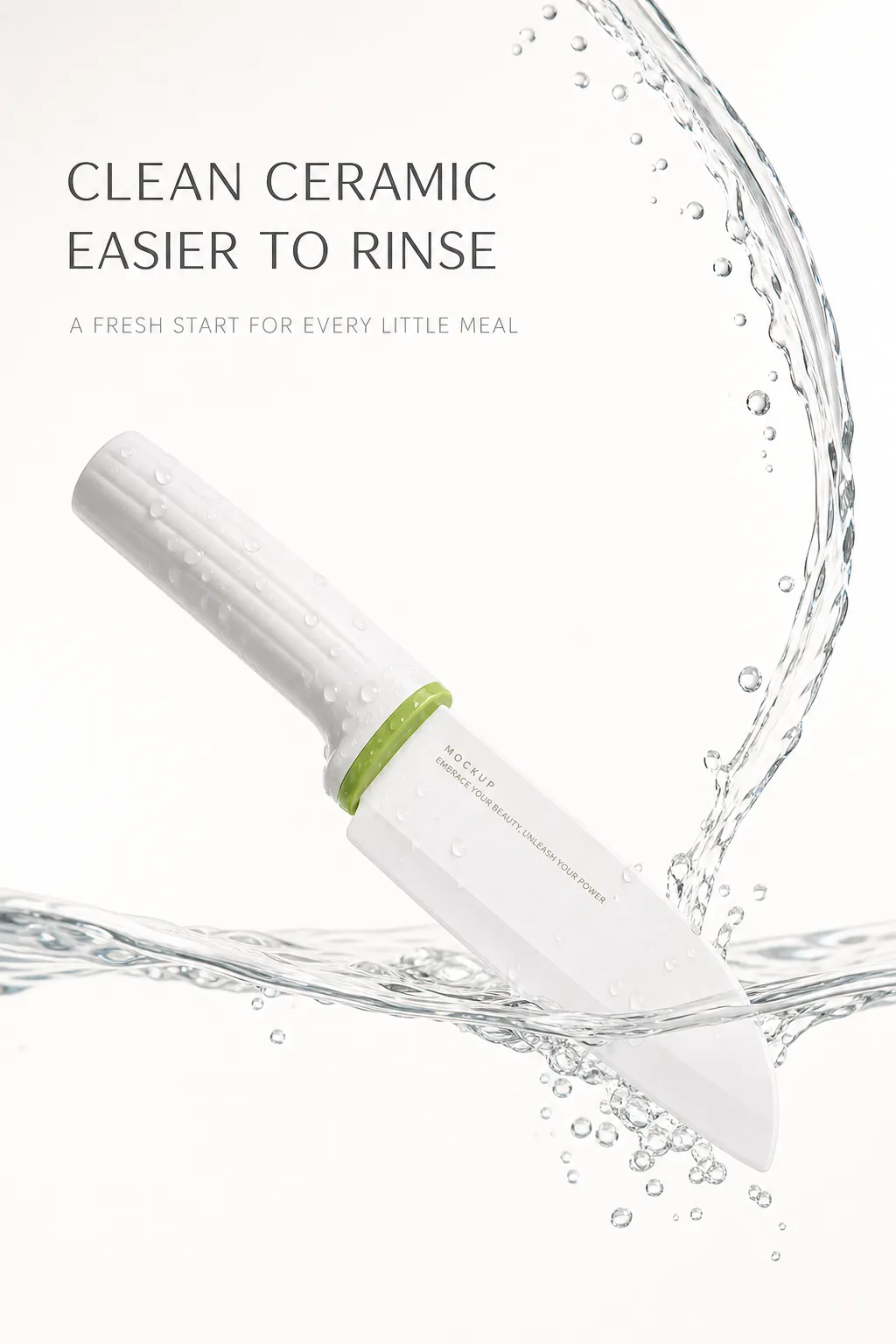White ceramic knife mockup in splashing water｜AI Image Generation Prompts