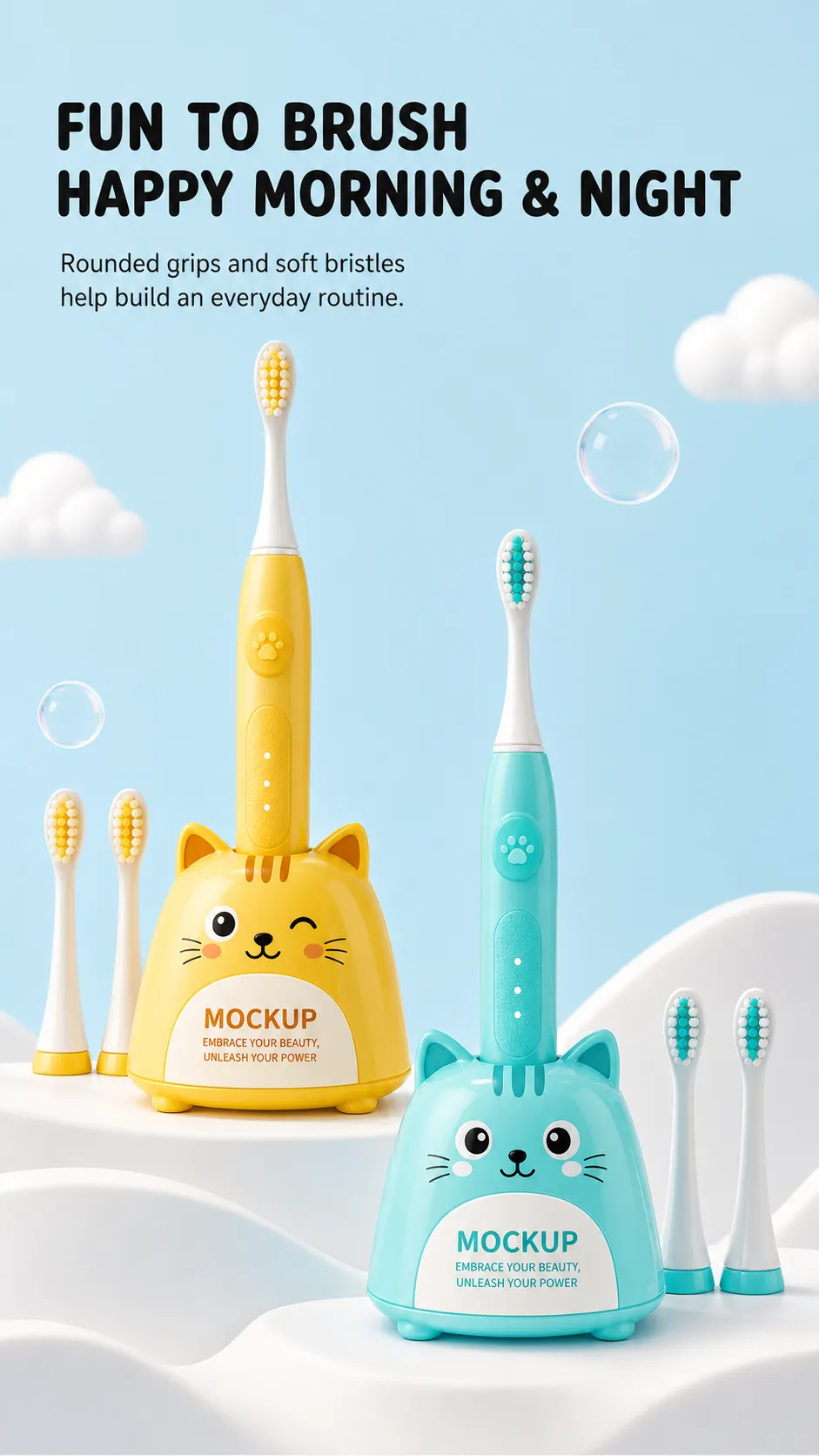 Cute cat electric toothbrush set for kids｜AI Image Generation Prompts