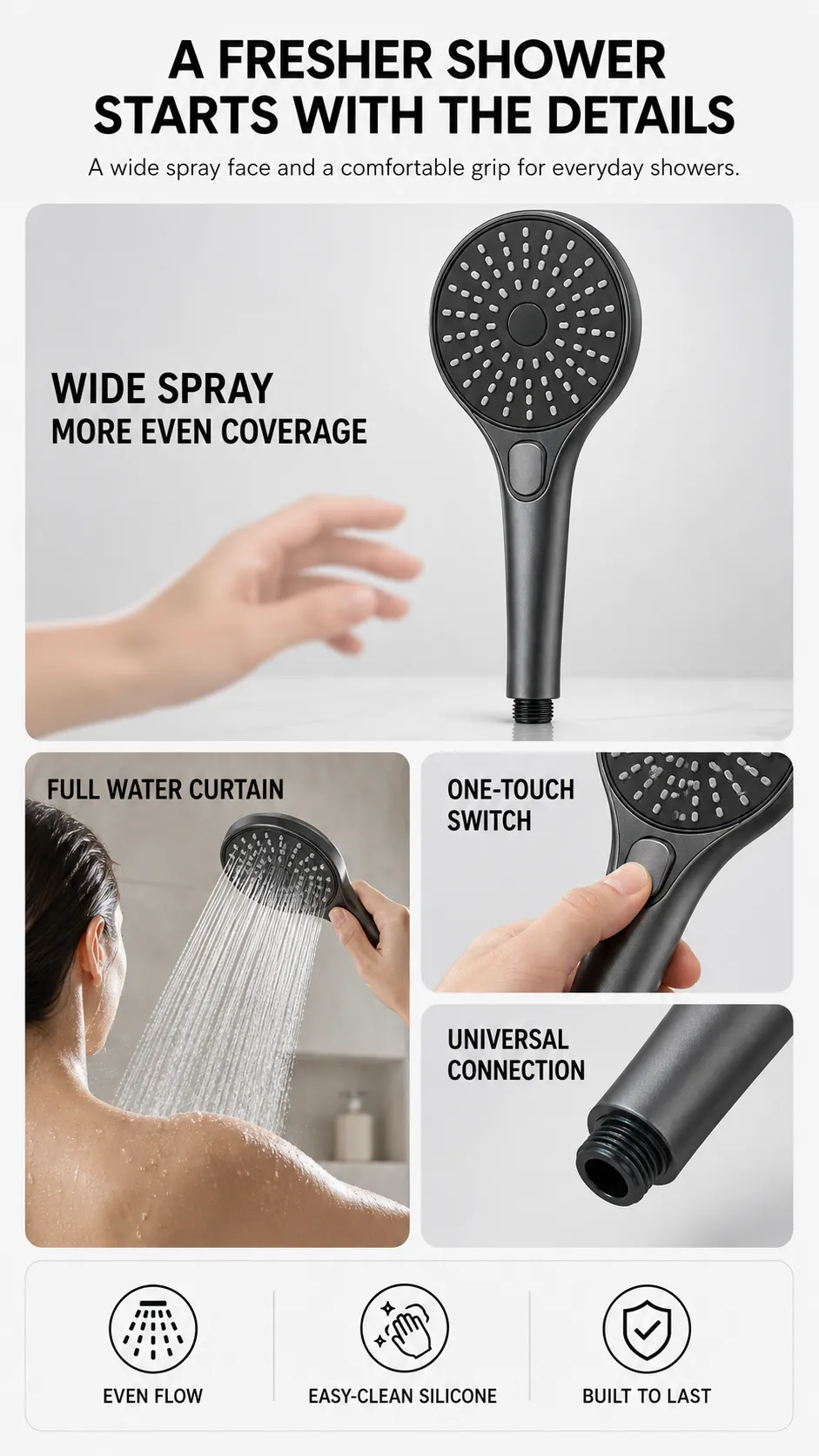 Black Handheld Shower Head with Wide Spray｜AI Image Generation Prompts