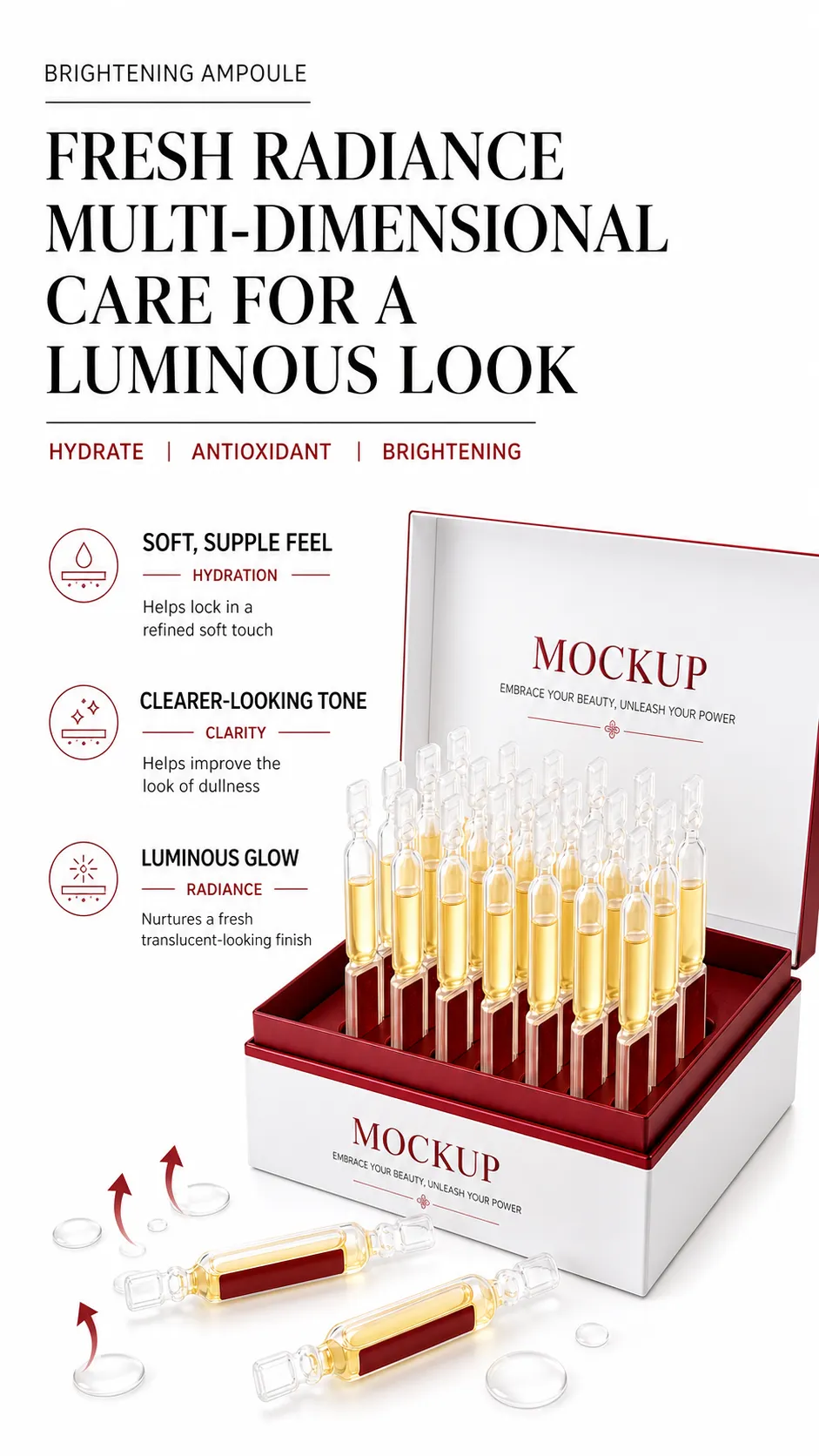 Brightening Ampoule Mockup Box Set with Glass Vials｜AI Image Generation Prompts