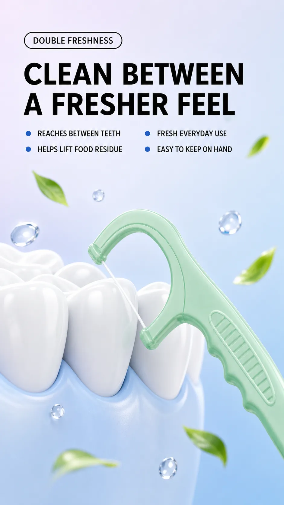 Green Dental Floss Pick Cleaning Teeth｜AI Image Generation Prompts