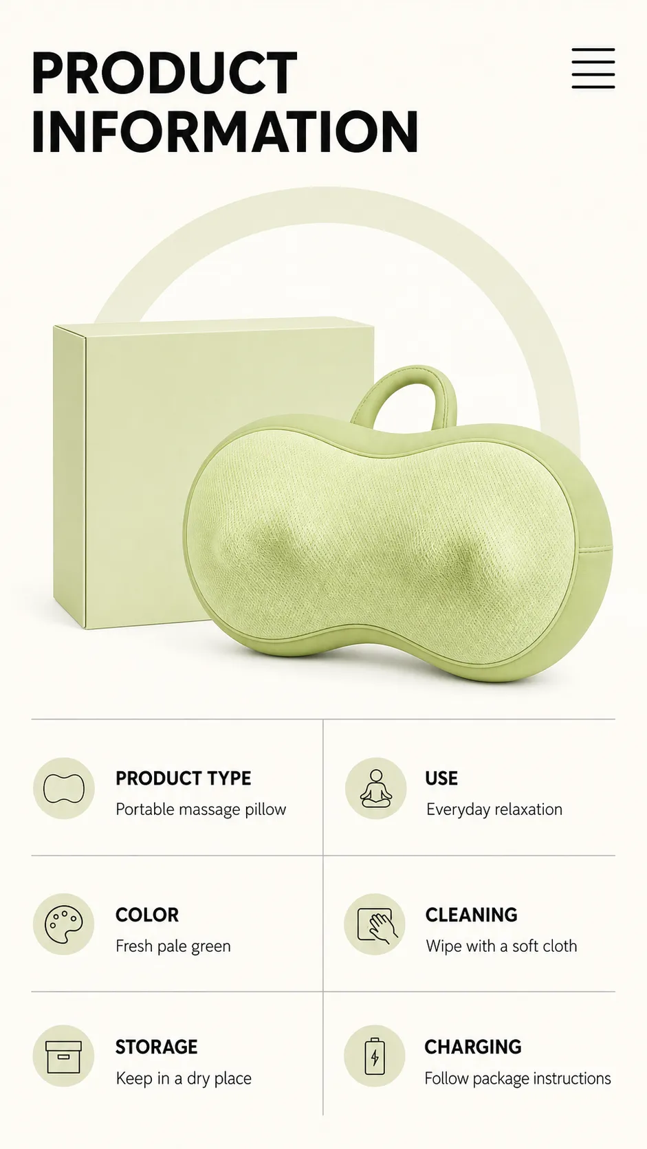 Light Green Portable Massage Pillow Product Info｜AI Image Generation Prompts