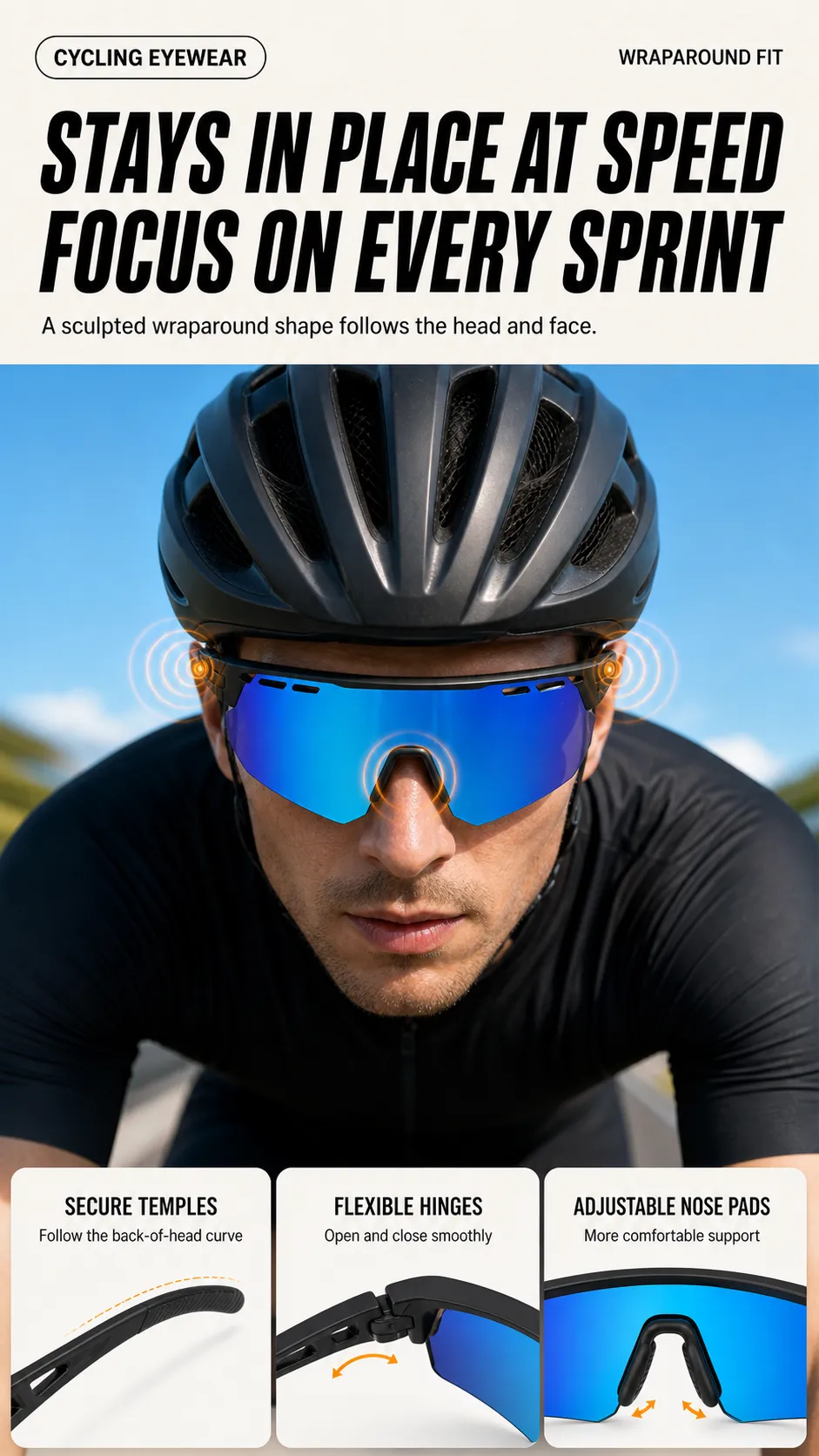Cyclist wearing blue mirrored sunglasses and black helmet｜AI Image Generation Prompts