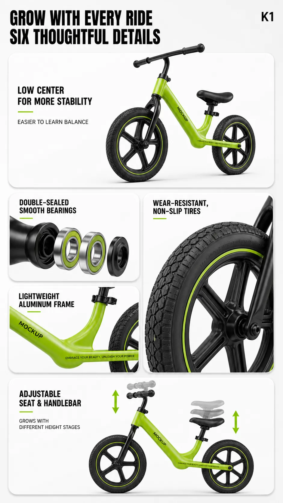 Green Kids Balance Bike Features and Details｜AI Image Generation Prompts