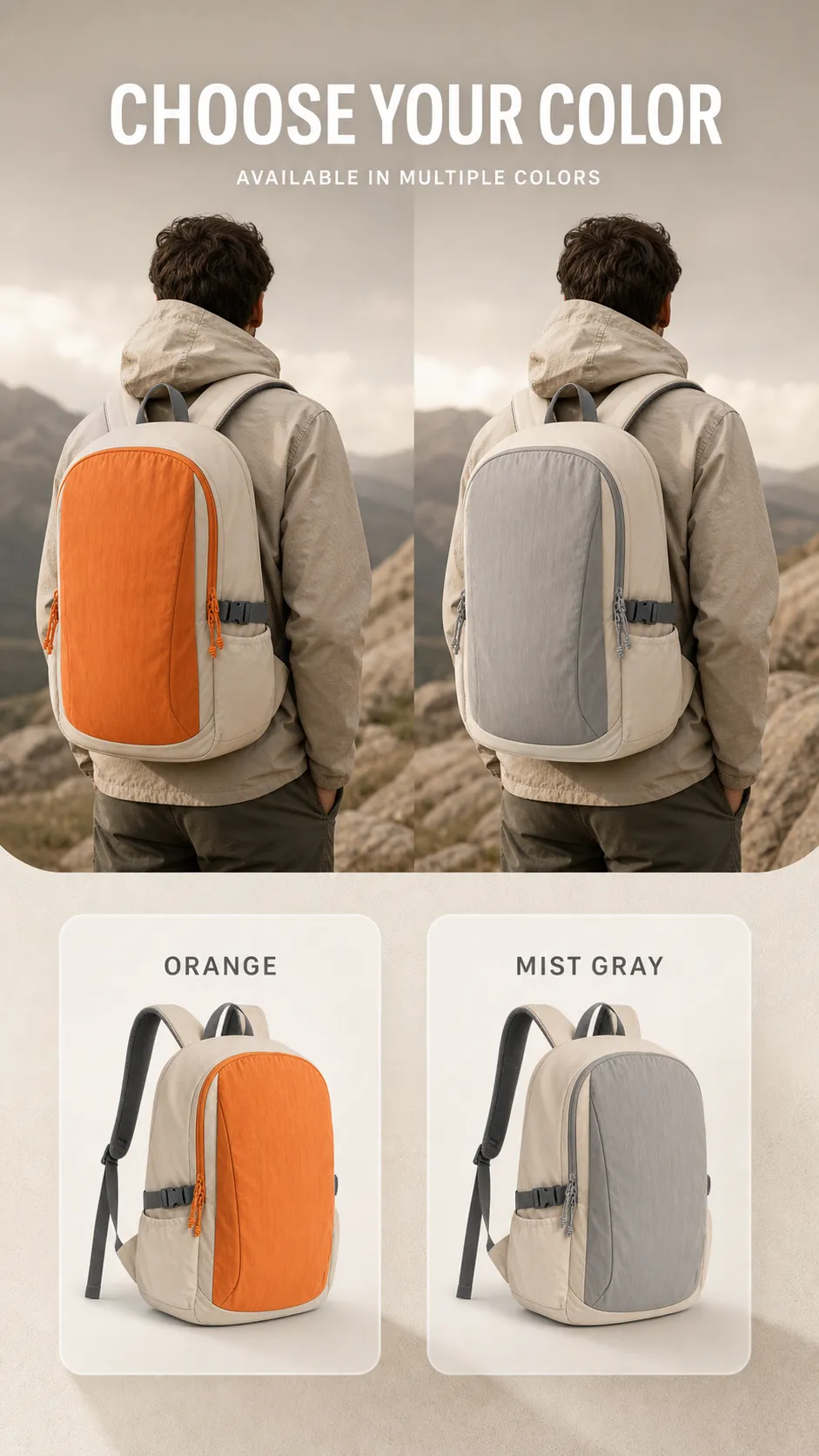 Orange and gray backpacks available in multiple colors｜AI Image Generation Prompts