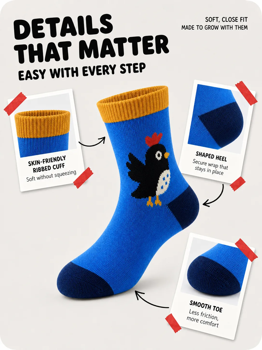 Blue Kids Sock with Cartoon Chicken and Details｜AI Image Generation Prompts