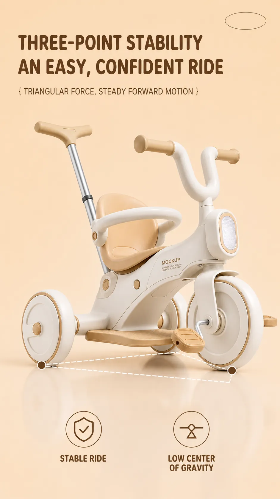 White and beige baby tricycle mockup with push handle｜AI Image Generation Prompts
