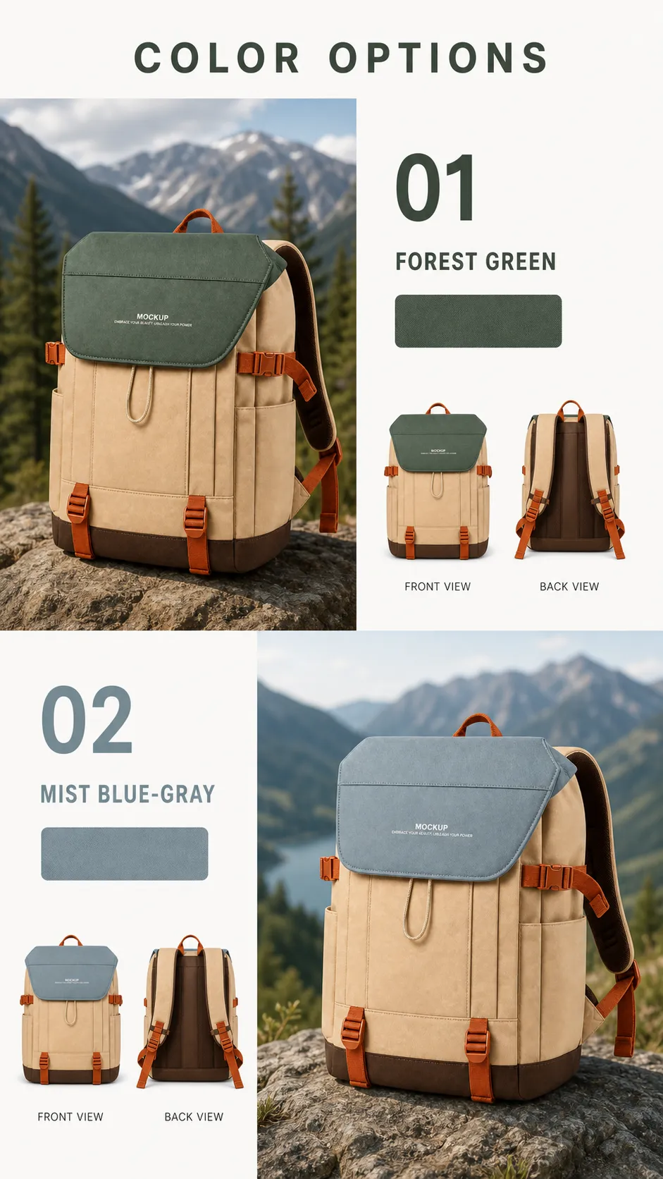 Outdoor Backpack Mockup Color Options Front and Back View｜AI Image Generation Prompts