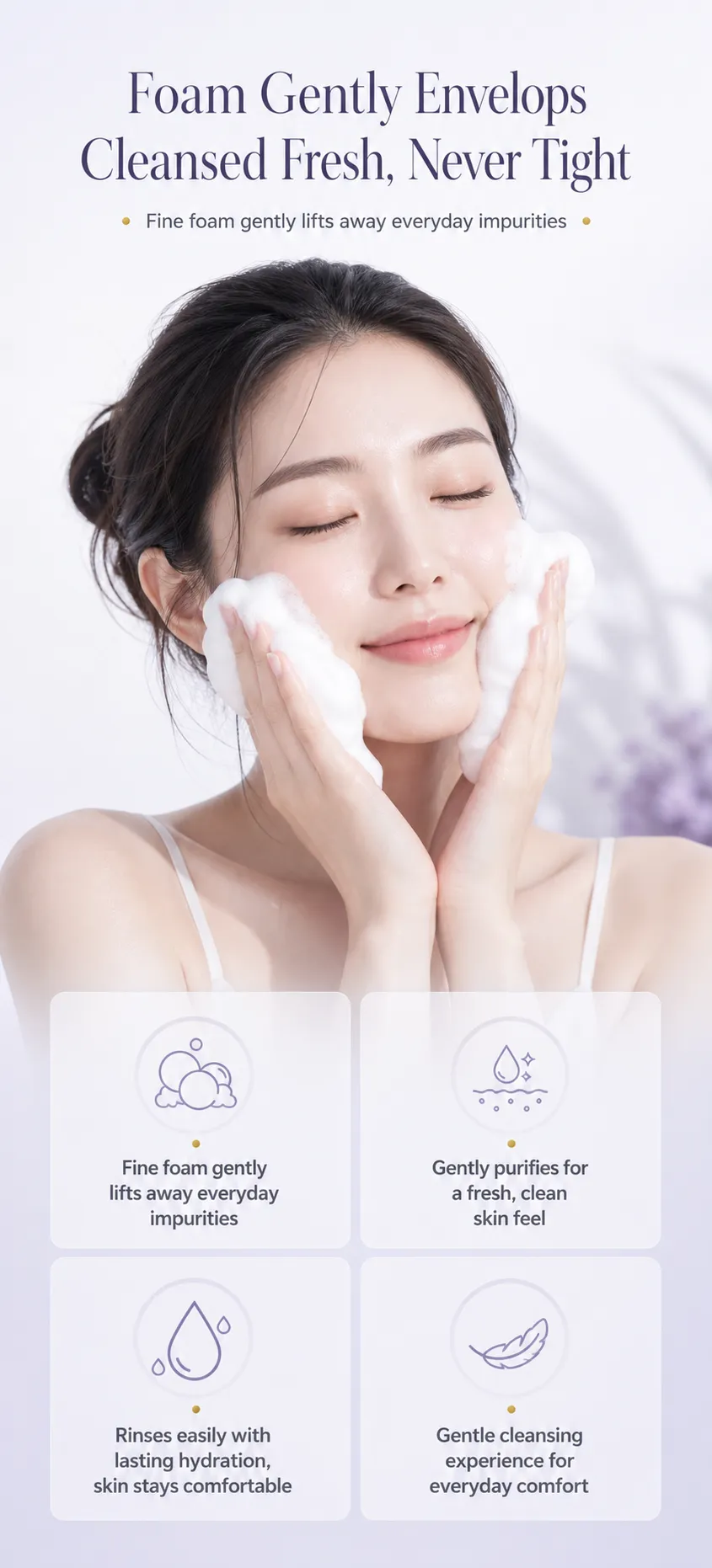 Woman washing face with gentle cleansing foam｜AI Image Generation Prompts