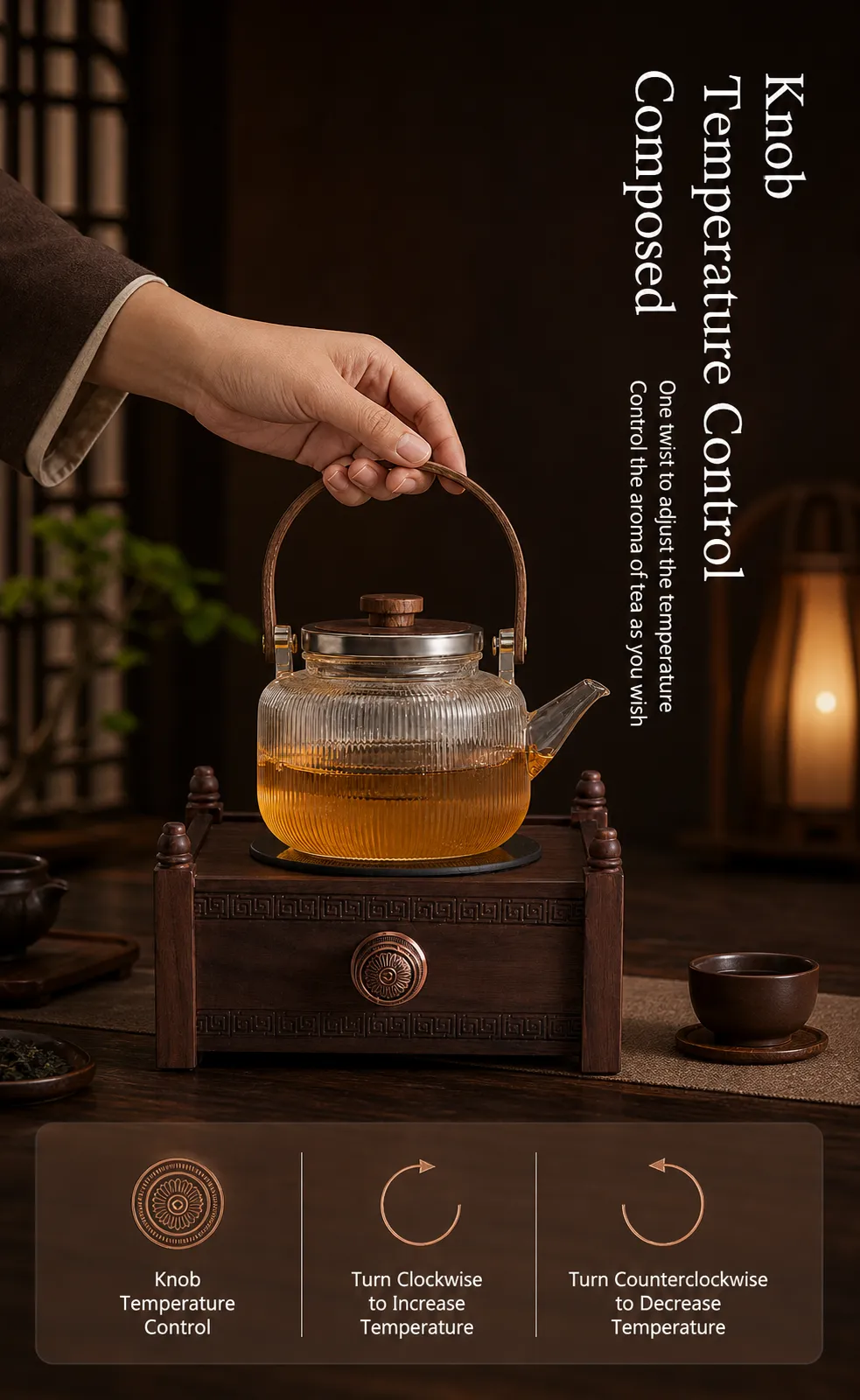 Glass Teapot on Wooden Stove with Temperature Control｜AI Image Generation Prompts
