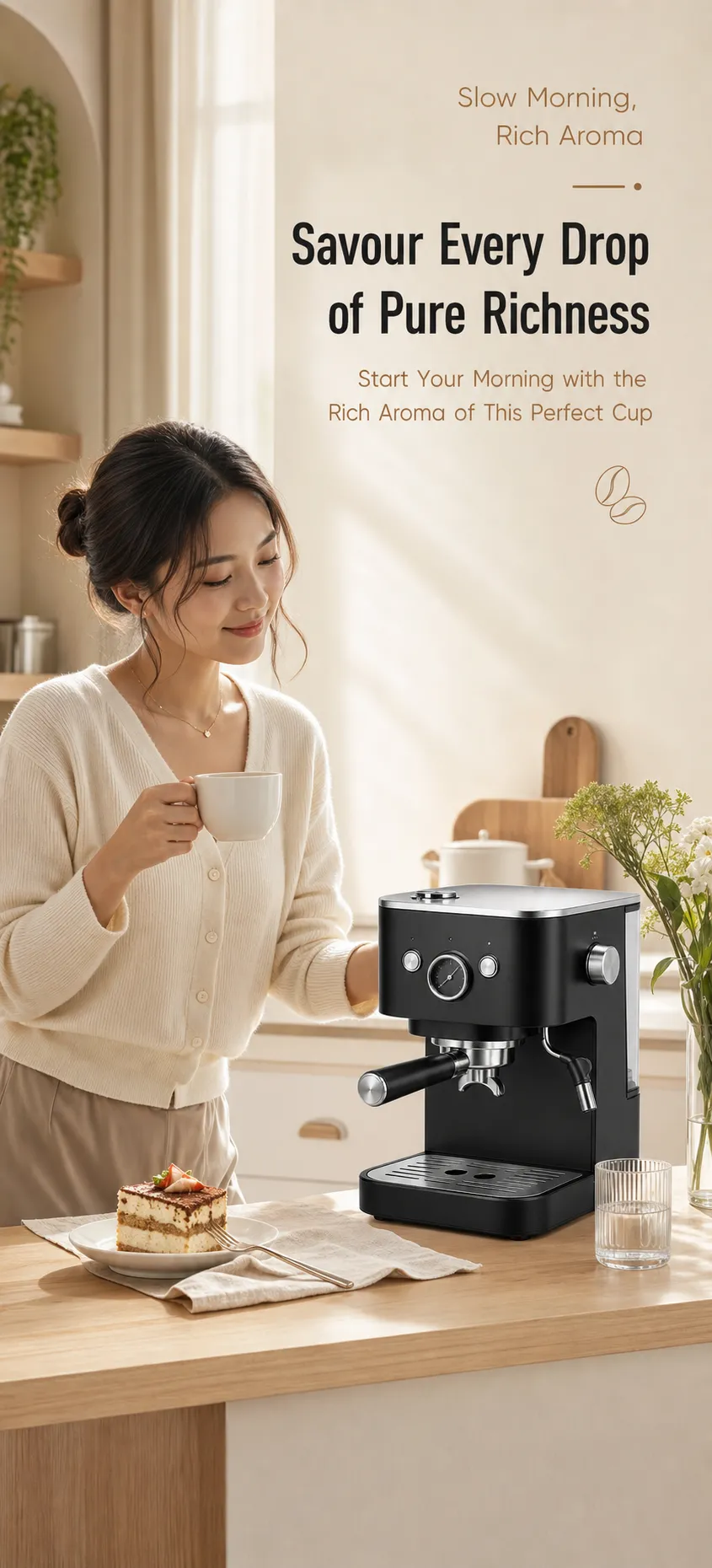 Woman drinking coffee with semi-automatic machine｜AI Image Generation Prompts