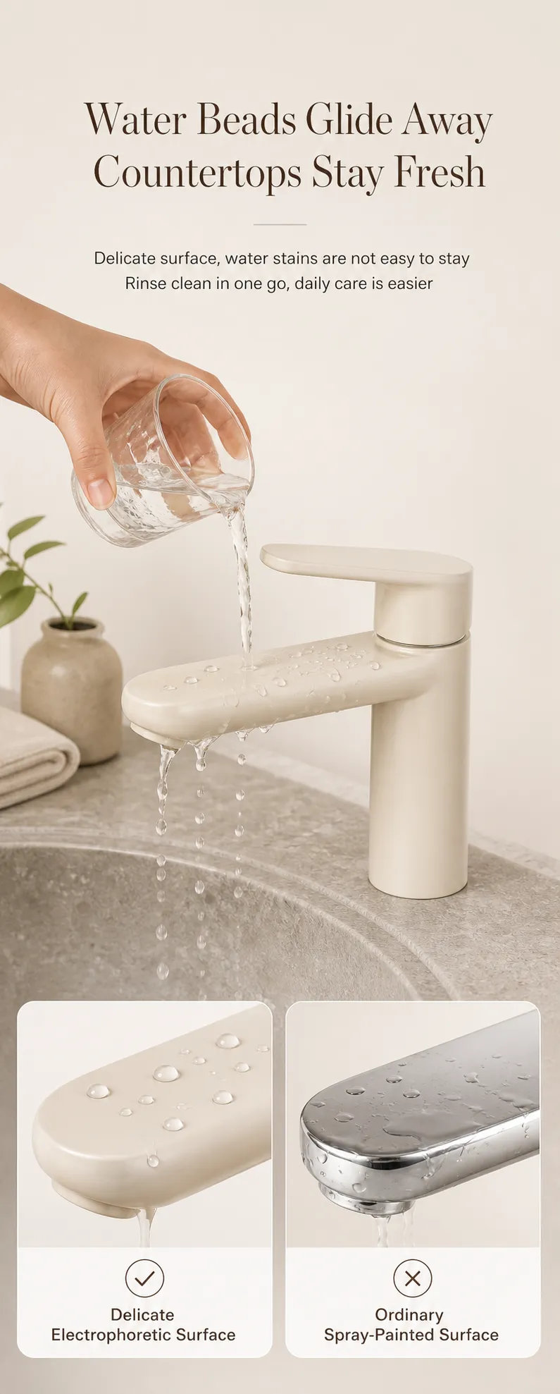 Modern Beige Basin Faucet With Hydrophobic Surface｜AI Image Generation Prompts