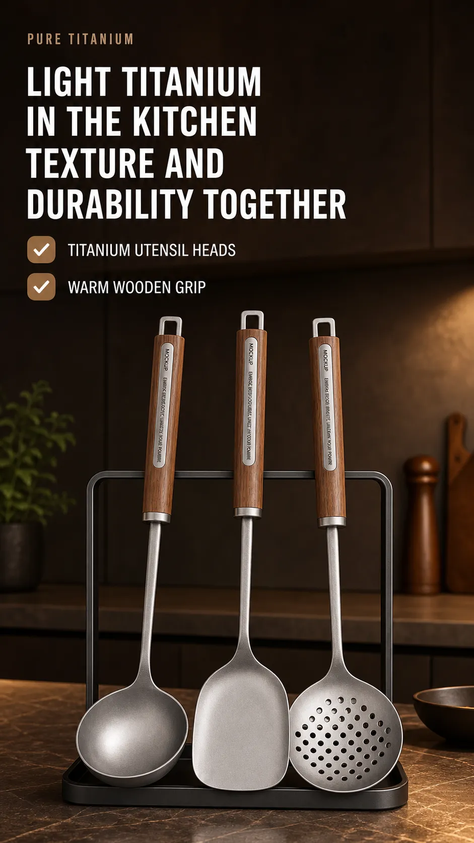 Pure Titanium Kitchen Utensils with Wooden Handles｜AI Image Generation Prompts