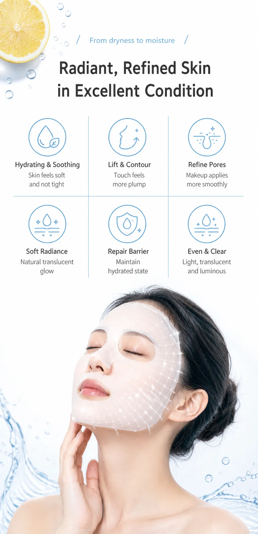 Woman applying hydrating sheet mask for glowing skin｜AI Image Generation Prompts