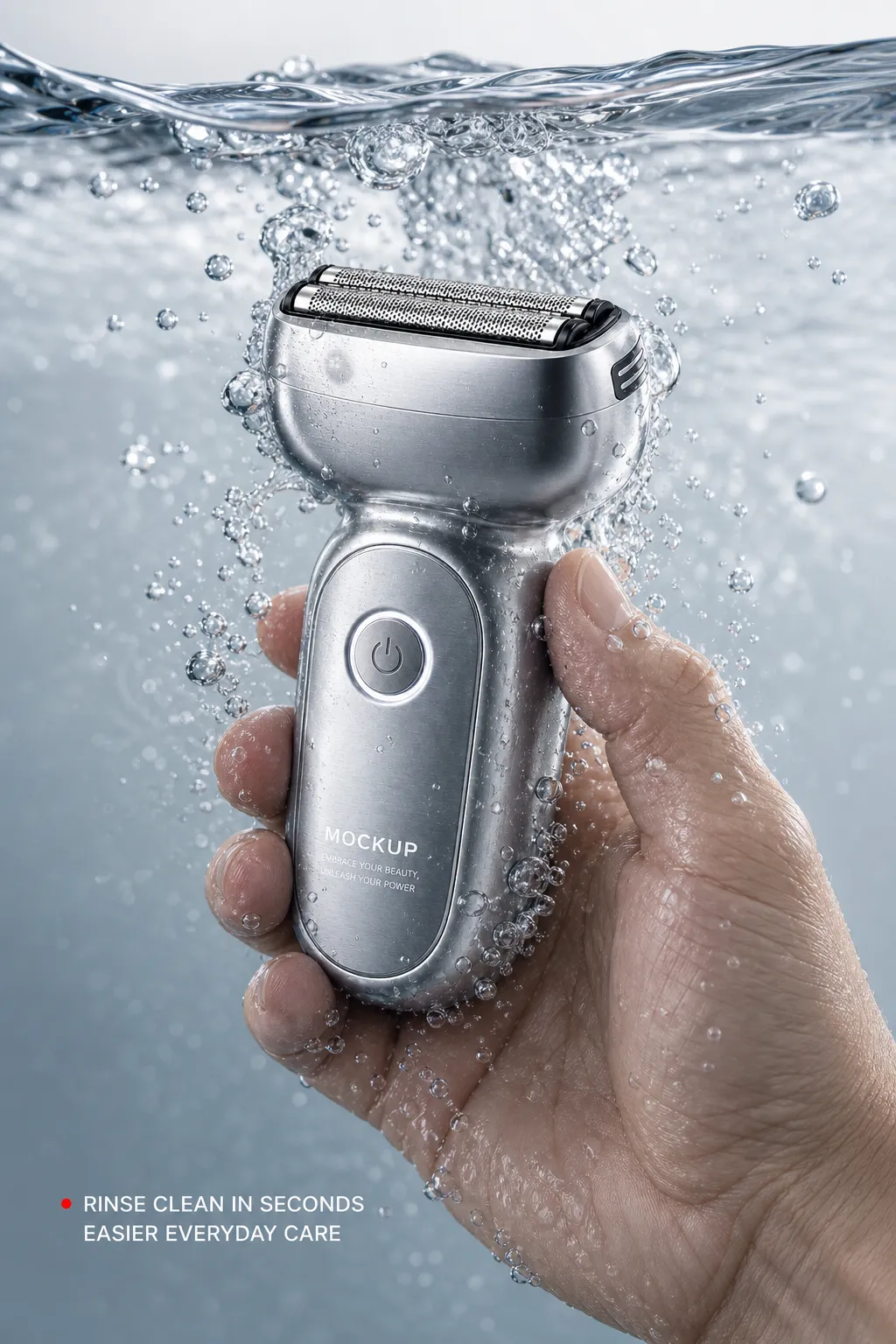 Silver electric shaver held underwater by hand｜AI Image Generation Prompts